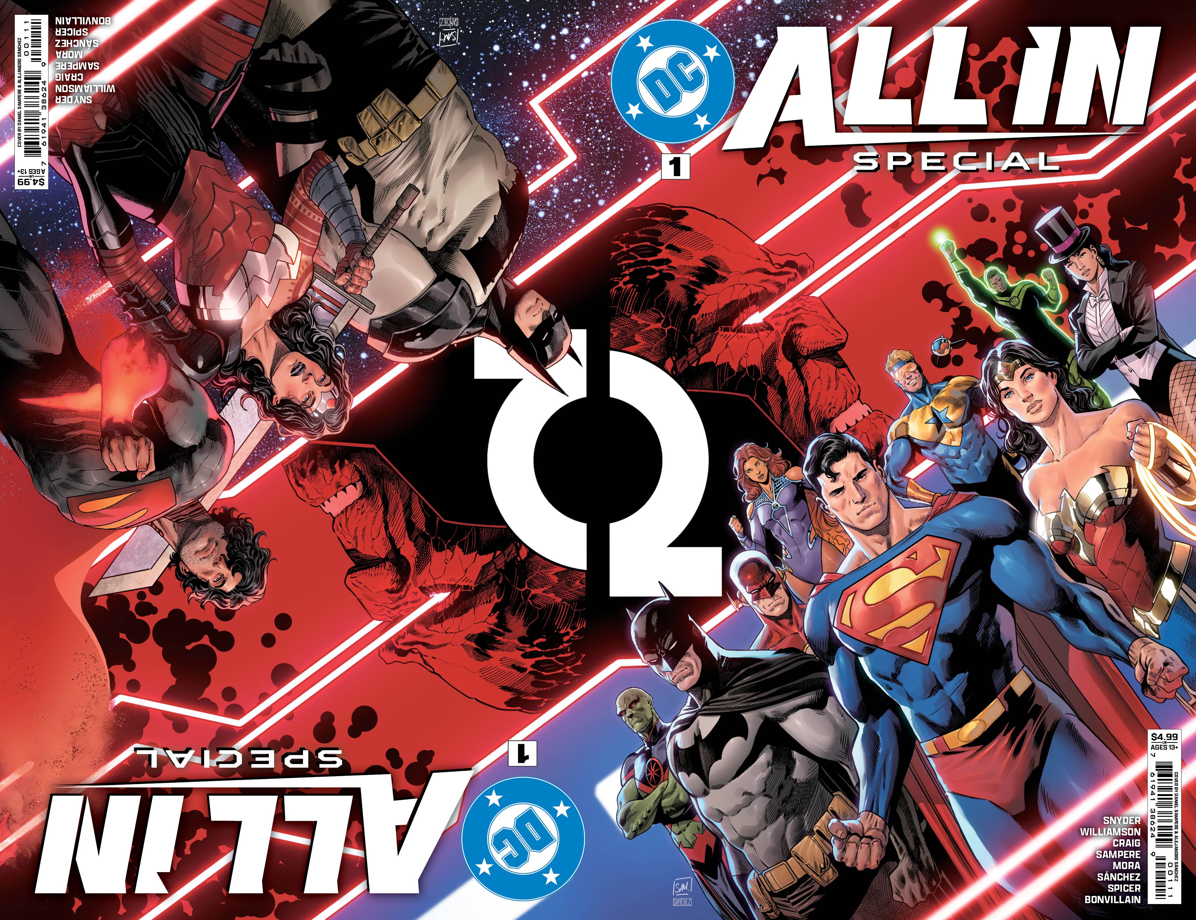 DC All In Special 1 Capa principal: a Liga da Justiça aparece de um lado, e a Trindade Absoluta aparece do outro.