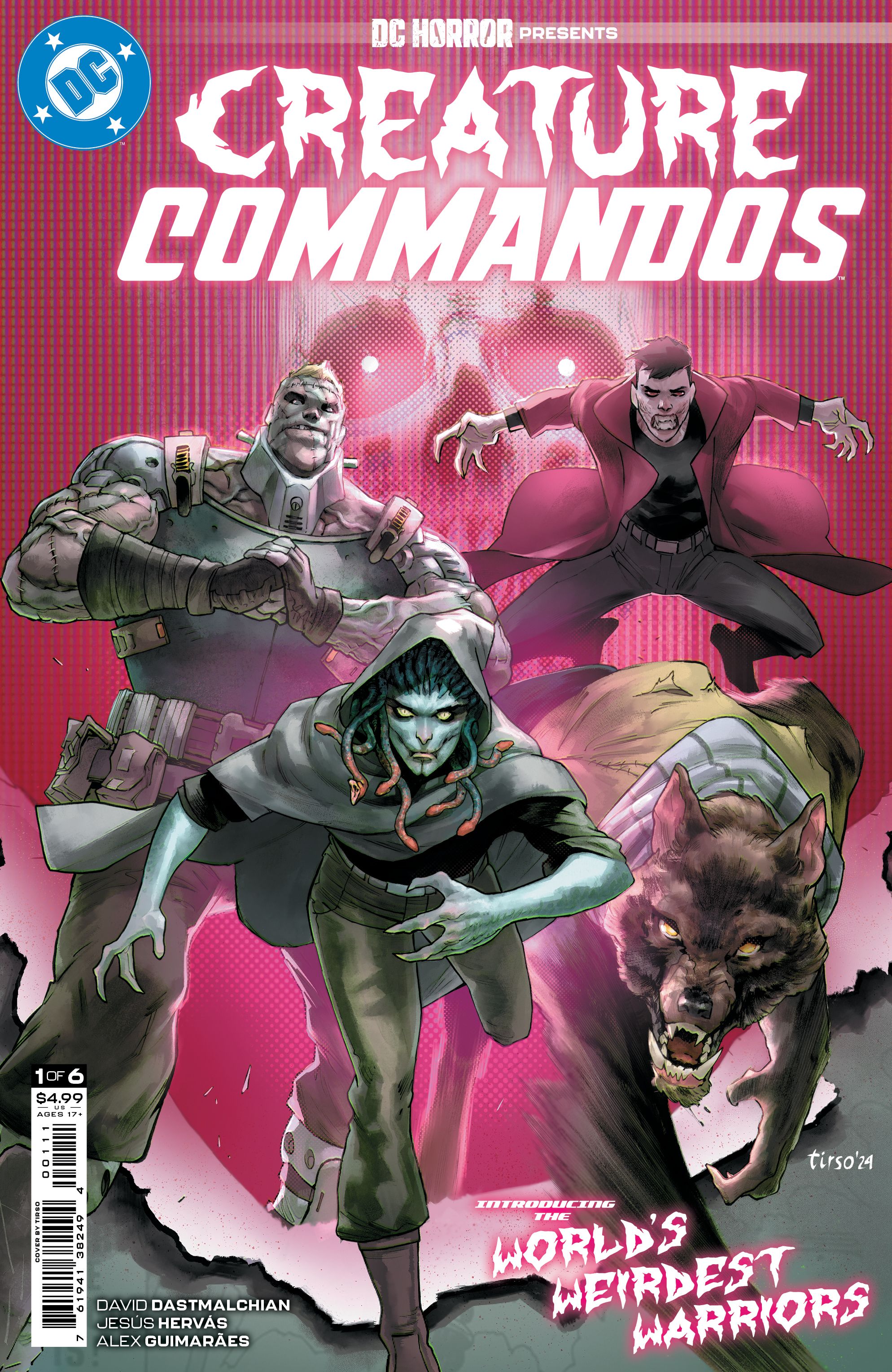 DC Horror Presents Creature Commandos 1 Capa principal: vários monstros DC correm em direção ao leitor, incluindo uma górgona e um lobisomem.