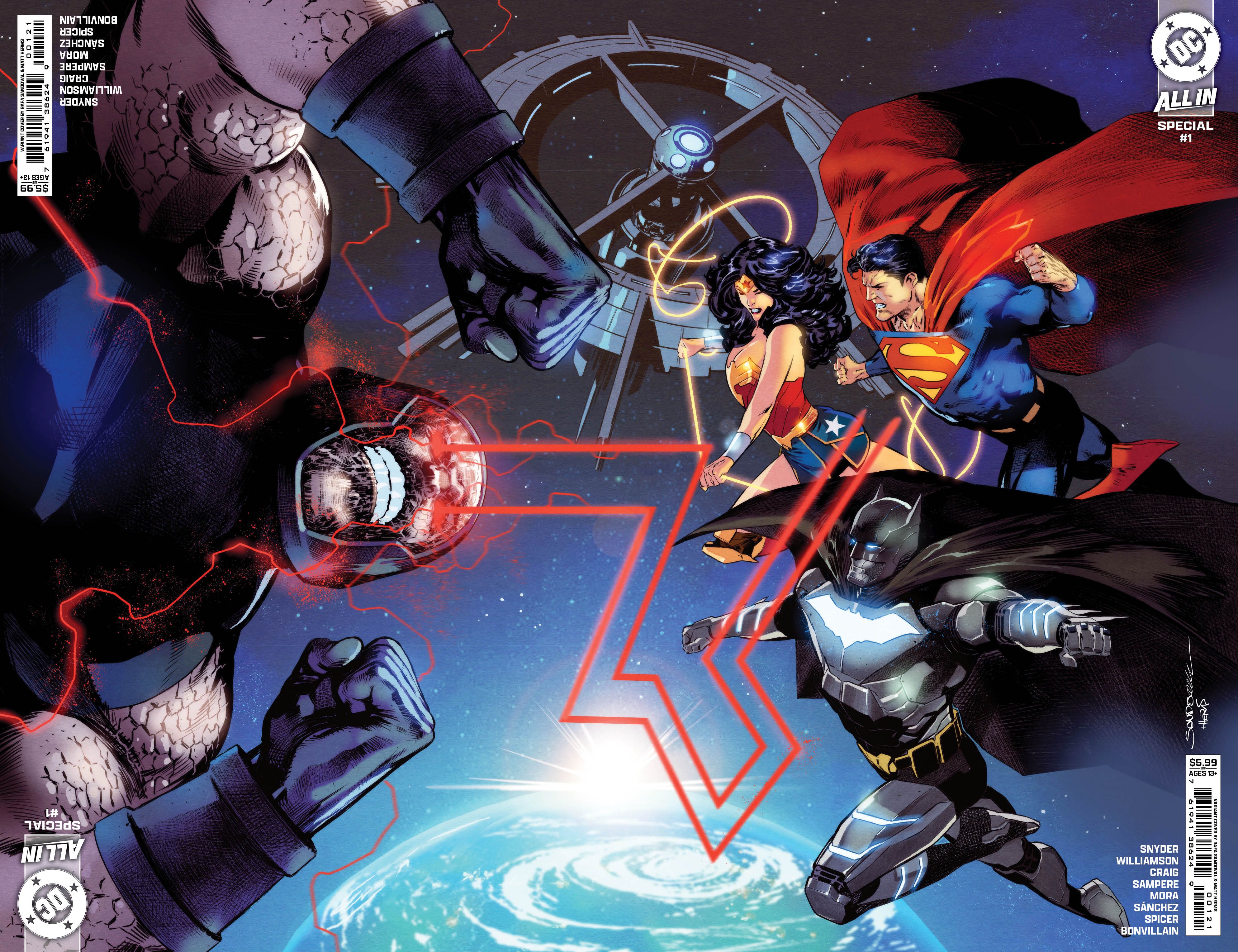 DC All In Special 1 Capa variante de Sandoval: Mulher-Maravilha, Superman e Batman lutam contra Darkseid no espaço.