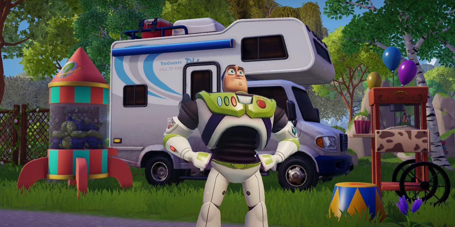 Buzz Lightyear frente a su casa rodante en Dreamlight Valley de Disney.