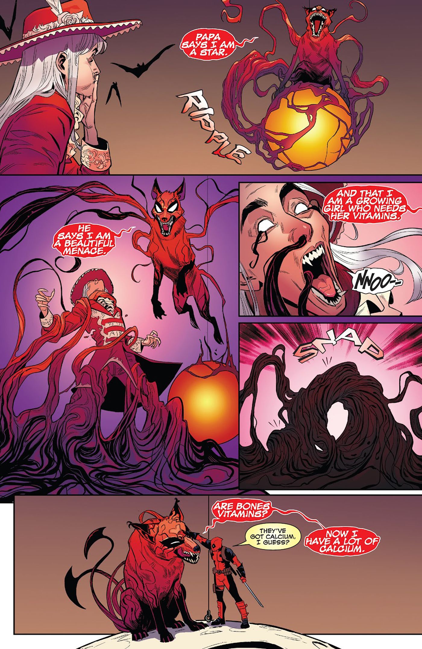 Panels from Deadpool (2023) #7, featuring growing girl Princess (a symbiote wolf) getting her vitamins (eating one of Deadpool's enemies).