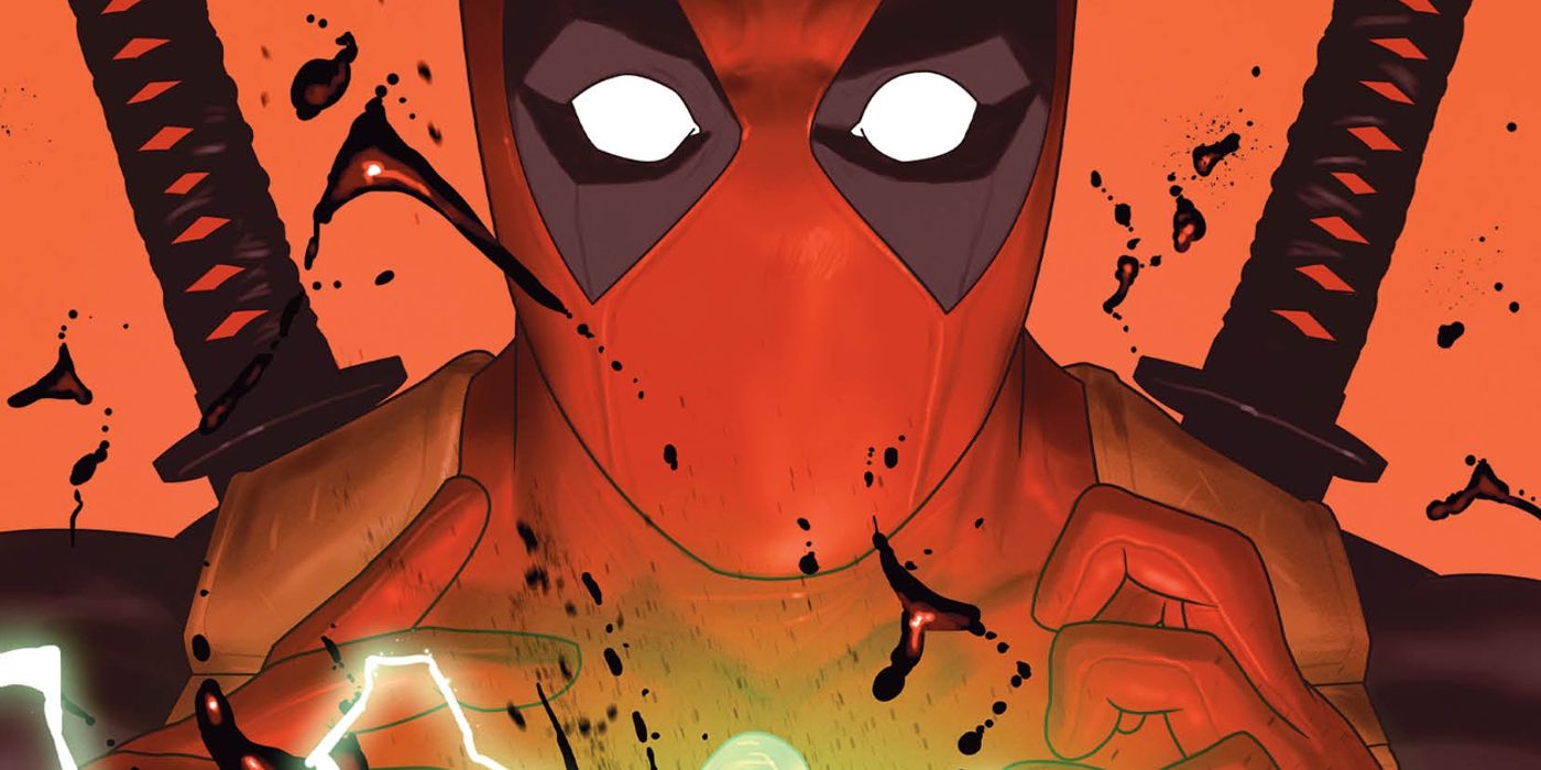 Comic Art: Deadpool looks shocked as green energy hits his chest.