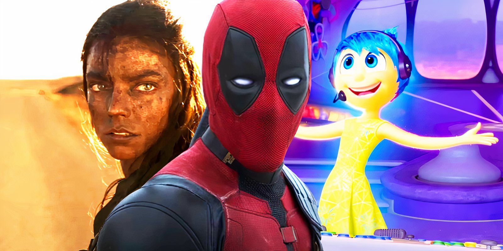 Anya Taylor-Joy in Furiosa juxtaposed with Ryan Reynolds as Deadpool and Joy from Inside Out 2