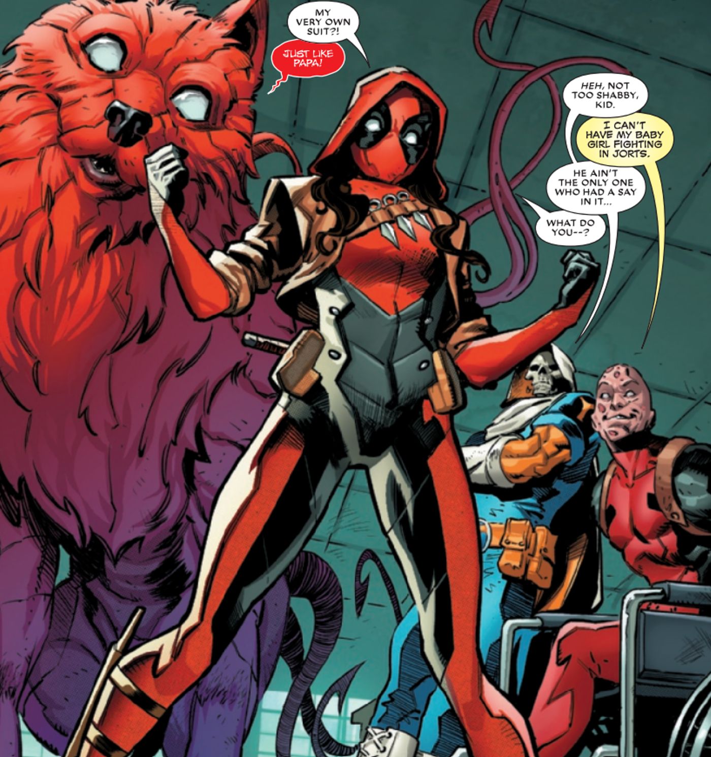 Panel de cómics: Ellie Wilson presenta su nuevo disfraz de Deadpool.