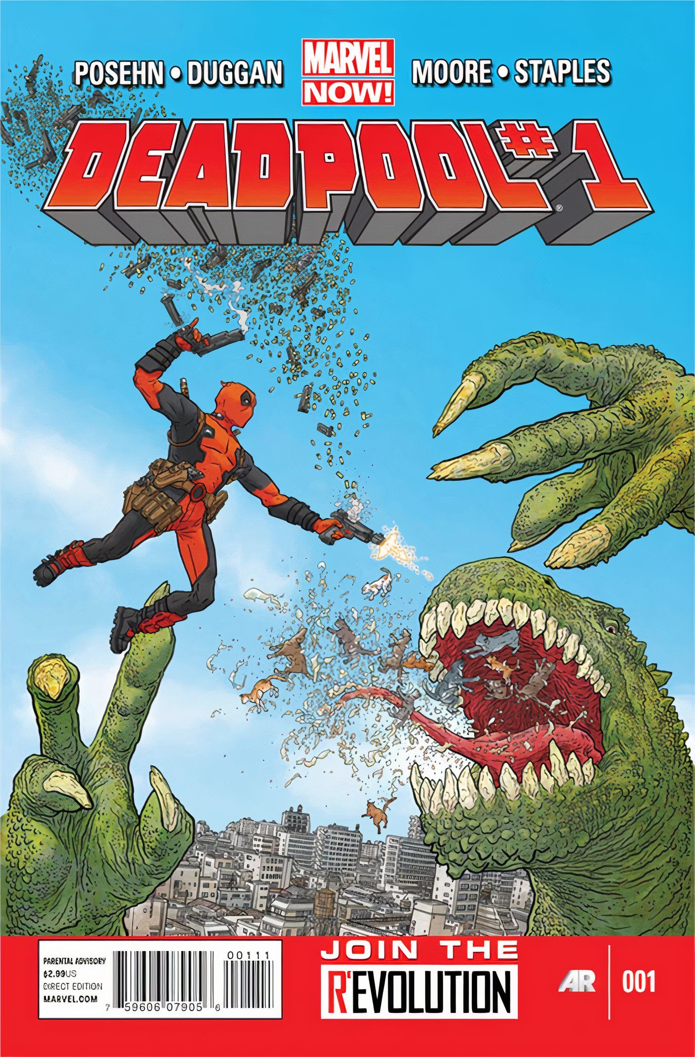 Deadpool Vol 3 #1 Cover Deadpool shoots thousands of bullets while leaping at a giant monster