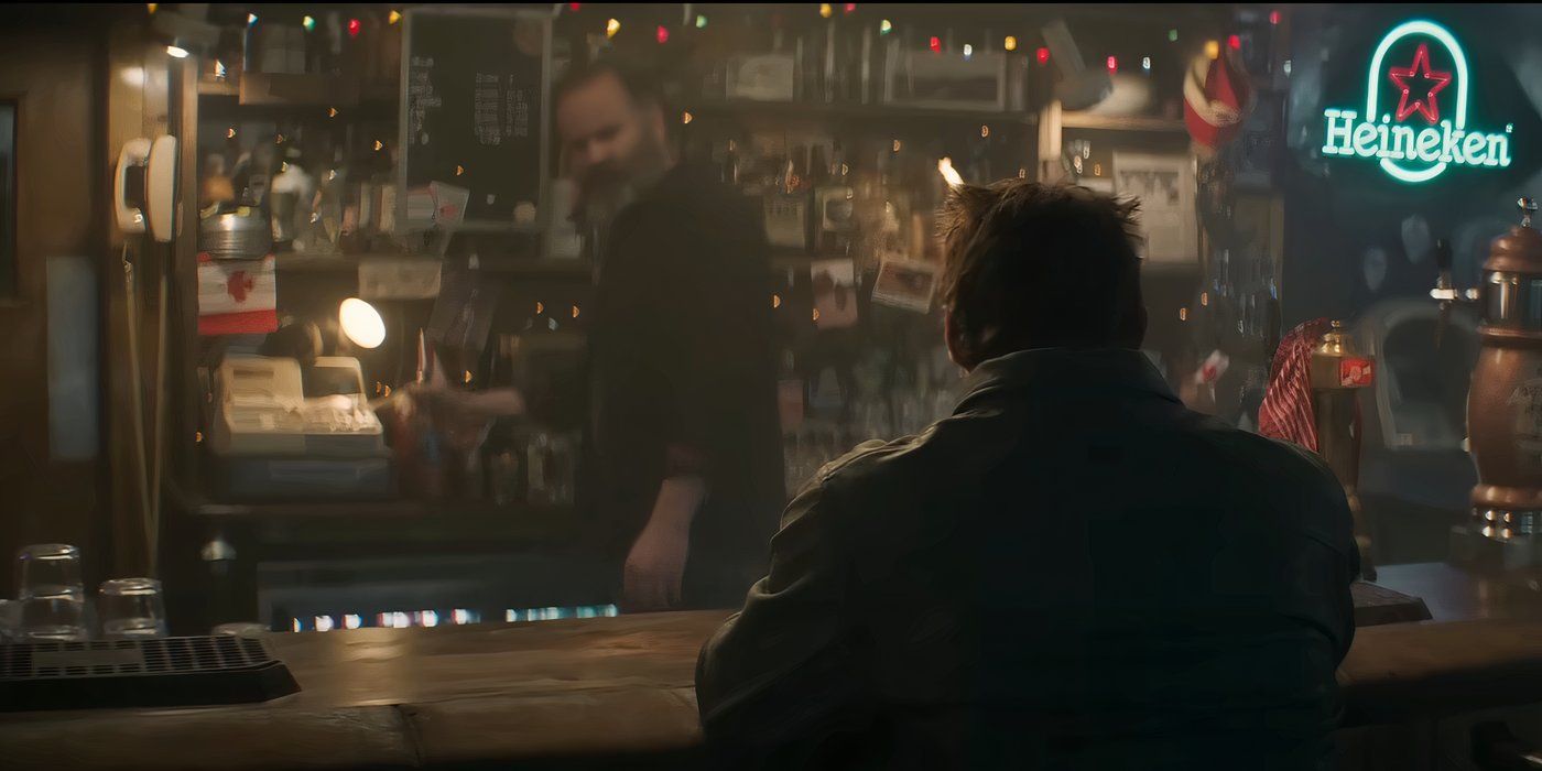 Deadpool & Wolverine scene of Wolverine at the bar with the bartender in the back