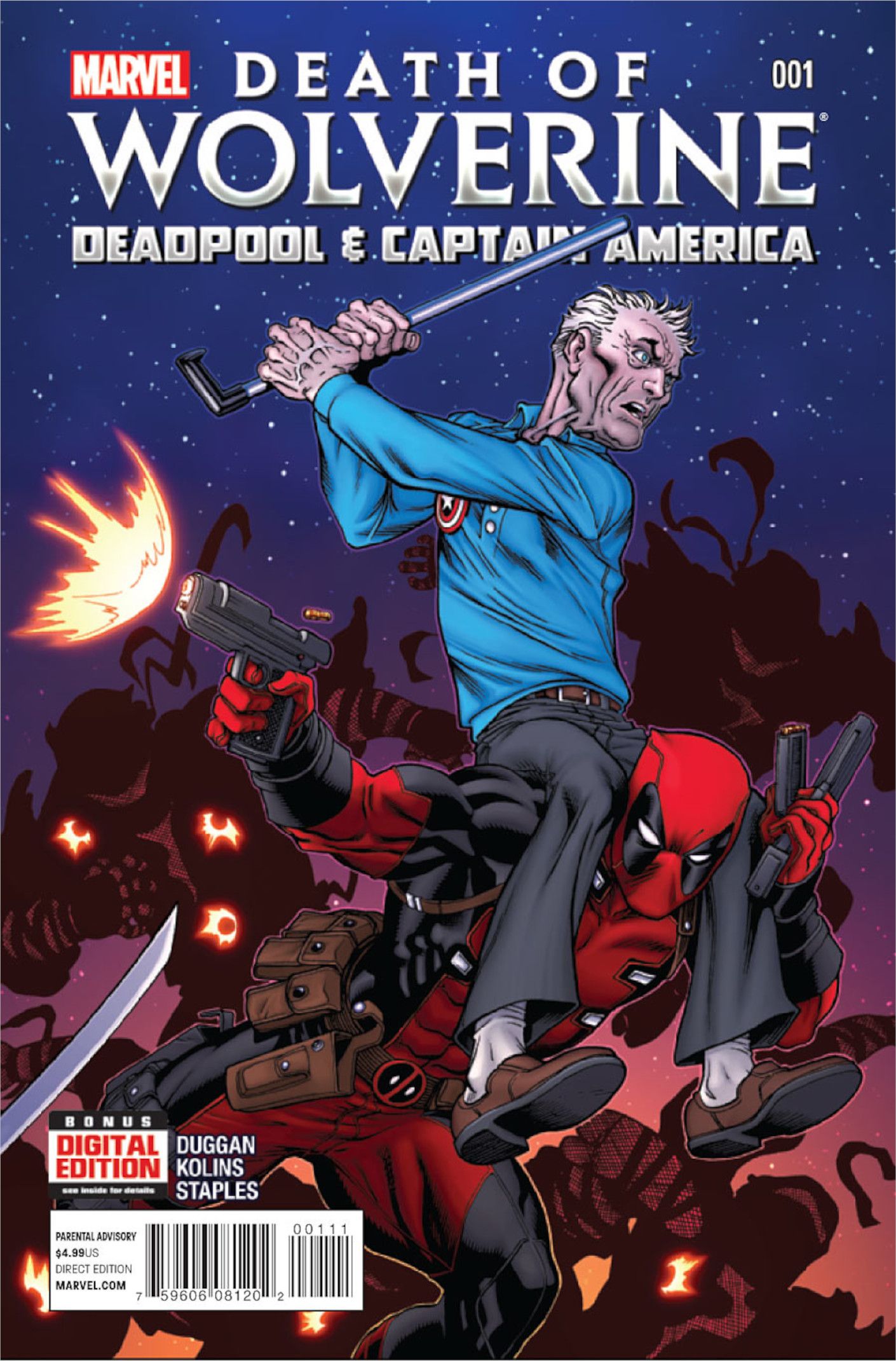 Death of Wolverine Deadpool and Captain America #1 Cpver Elderly Steve Rogers rides Deadpools shoulders while fighting ninja