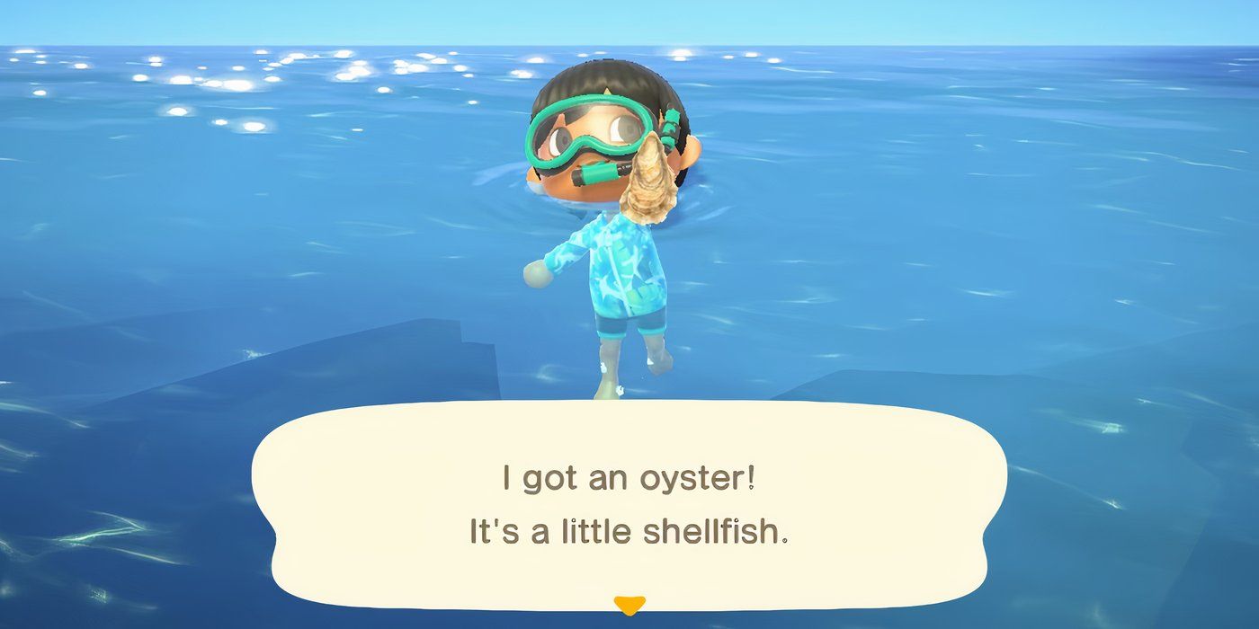 Jogador com equipamento de mergulho, segurando uma ostra que pegou durante um mergulho em alto mar em Animal Crossing: New Horizons.