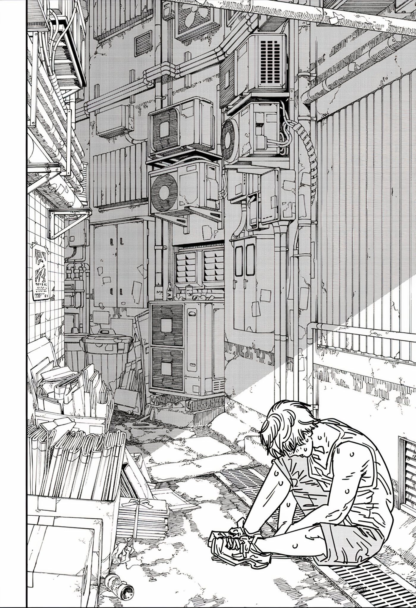 Denji sitting defeatedly in the alley where he was taken advantage of in chapter #167.