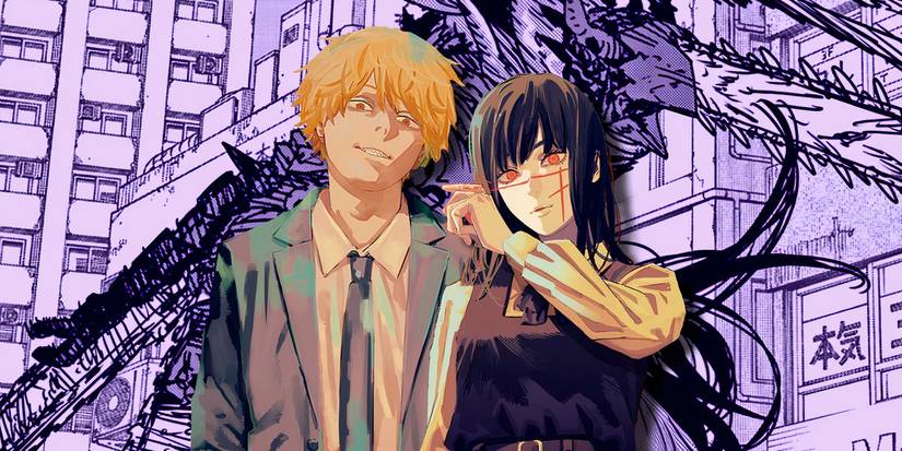 Denji and Yoru posing in front of a panel from Chainsaw Man chapter #175.