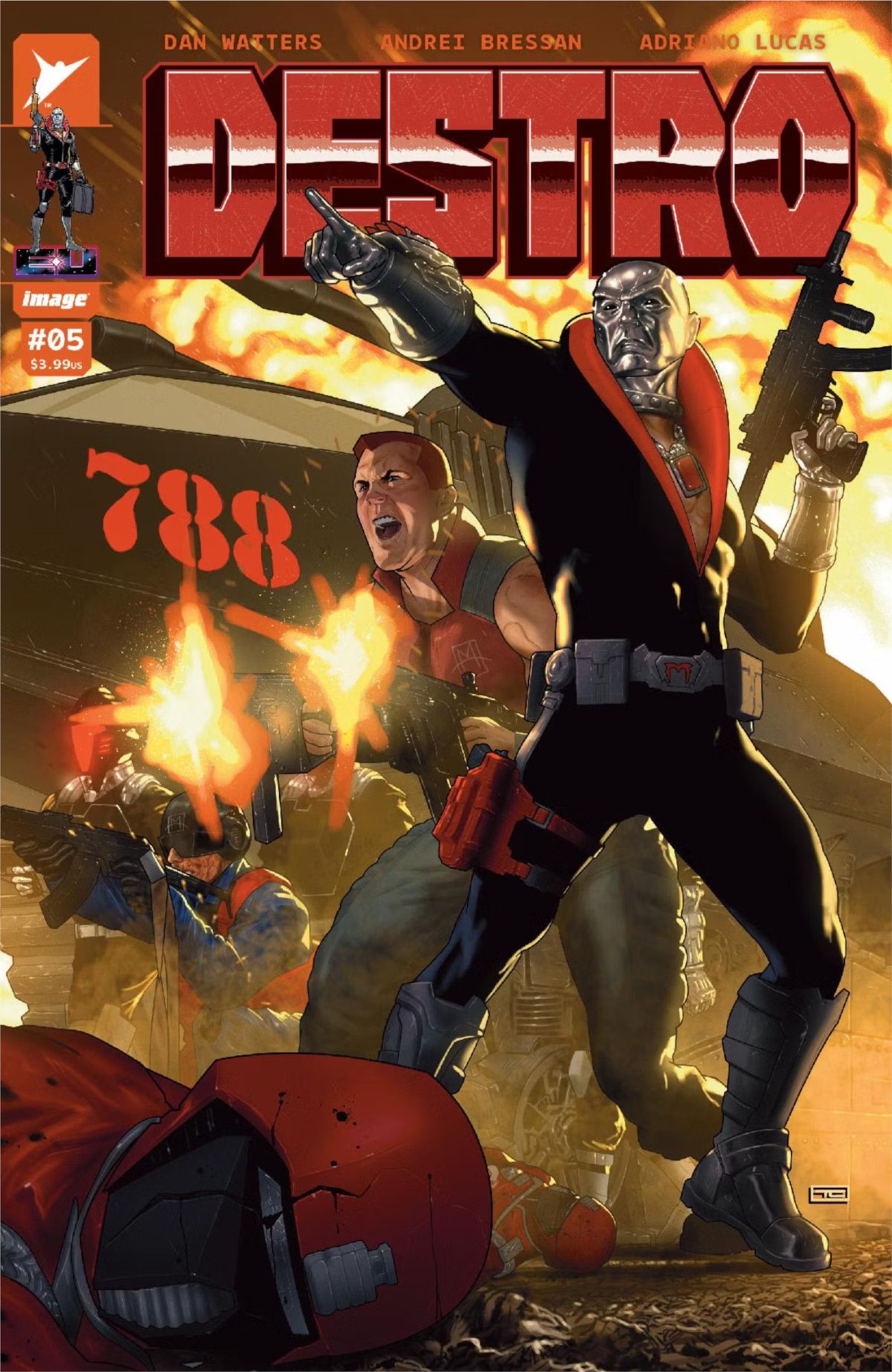 Capa de quadrinhos: Destro lidera suas tropas na batalha na frente de um tanque HISS.