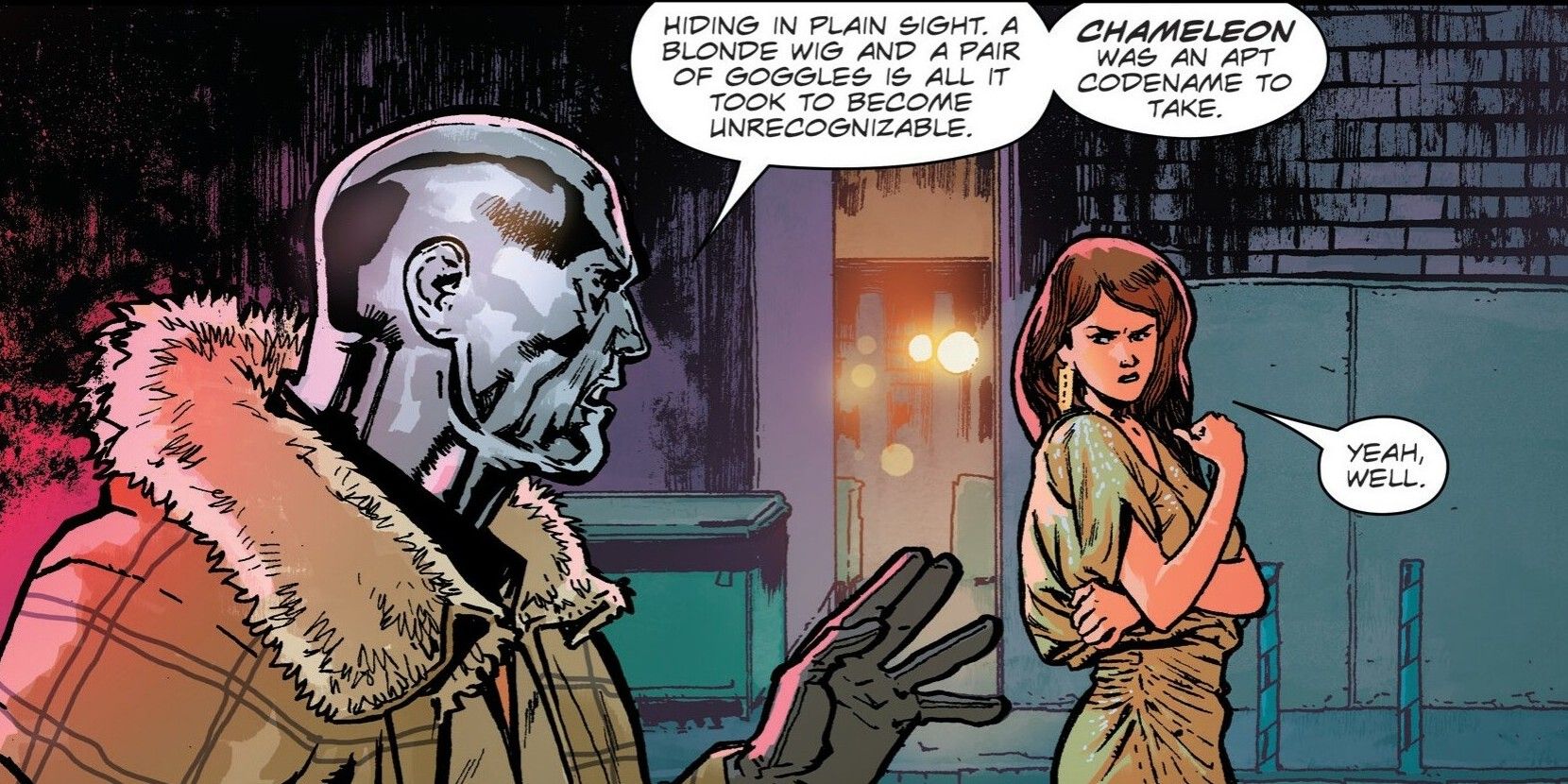 Comic book panel: Destro deduces that Astoria is Chameleon.