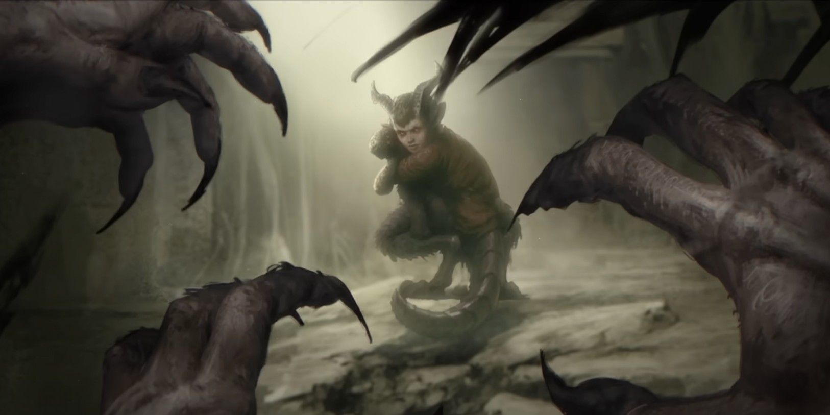 Diablo 4 Cursed Child Mercenary, a small creature with horns and a tail clutching a doll as clawed hands creep towards them.