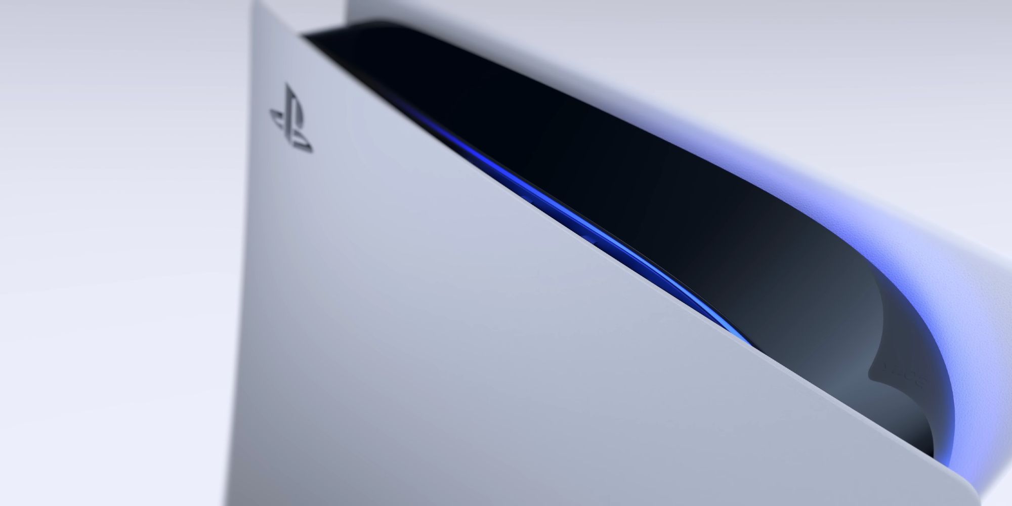 Diagonal shot of the top of the PlayStation 5 console with the black PlayStation logo on a white background