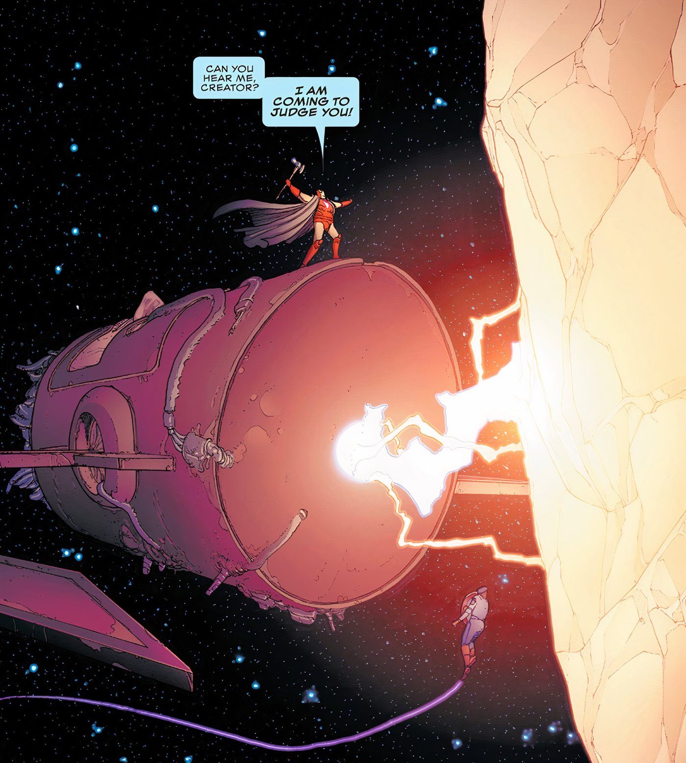 Painel de quadrinhos: Dimitrios monta na cabeça de Galactus no futuro.