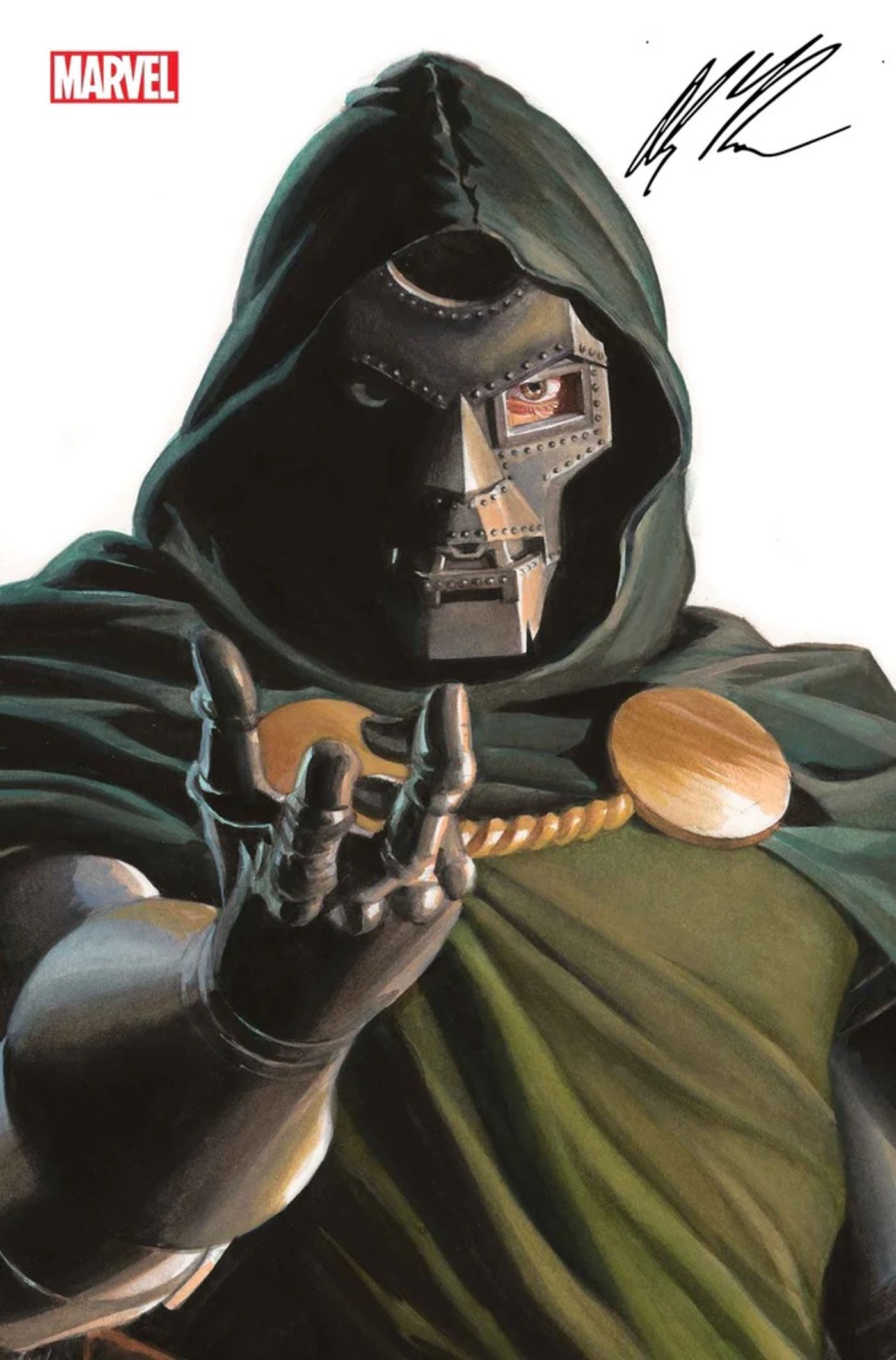 Retrato de Alex Ross Doctor Doom, Doom estende a mão de uma forma exigente e autoritária.