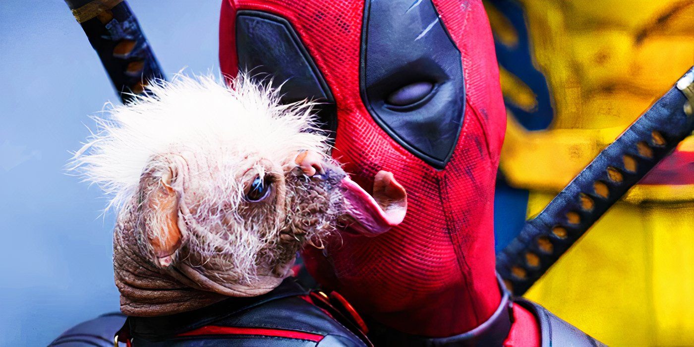 Dogpool lambendo a máscara de Deadpool em Deadpool & Wolverine