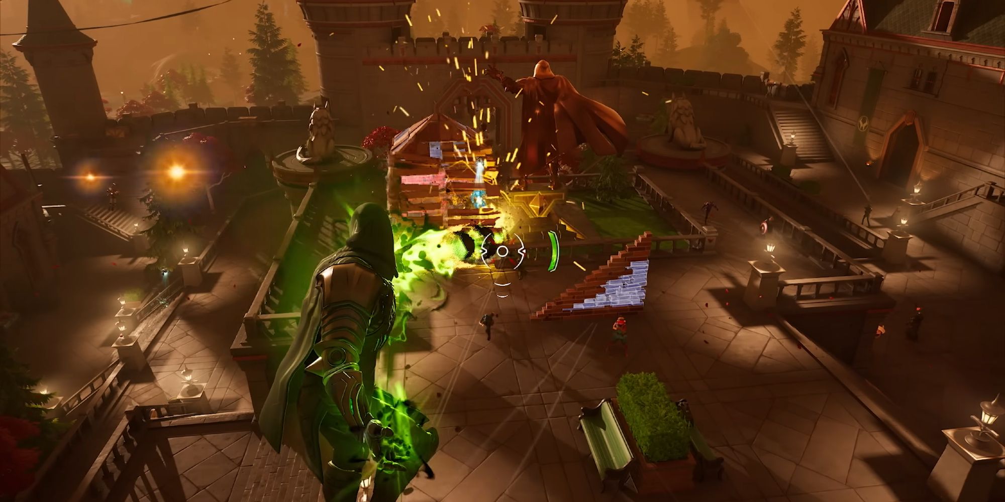 Escolhidos de Doom detonando jogadores inimigos e destruindo estruturas com o raio de queimadura verde no Castelo de Doom em Fortnite