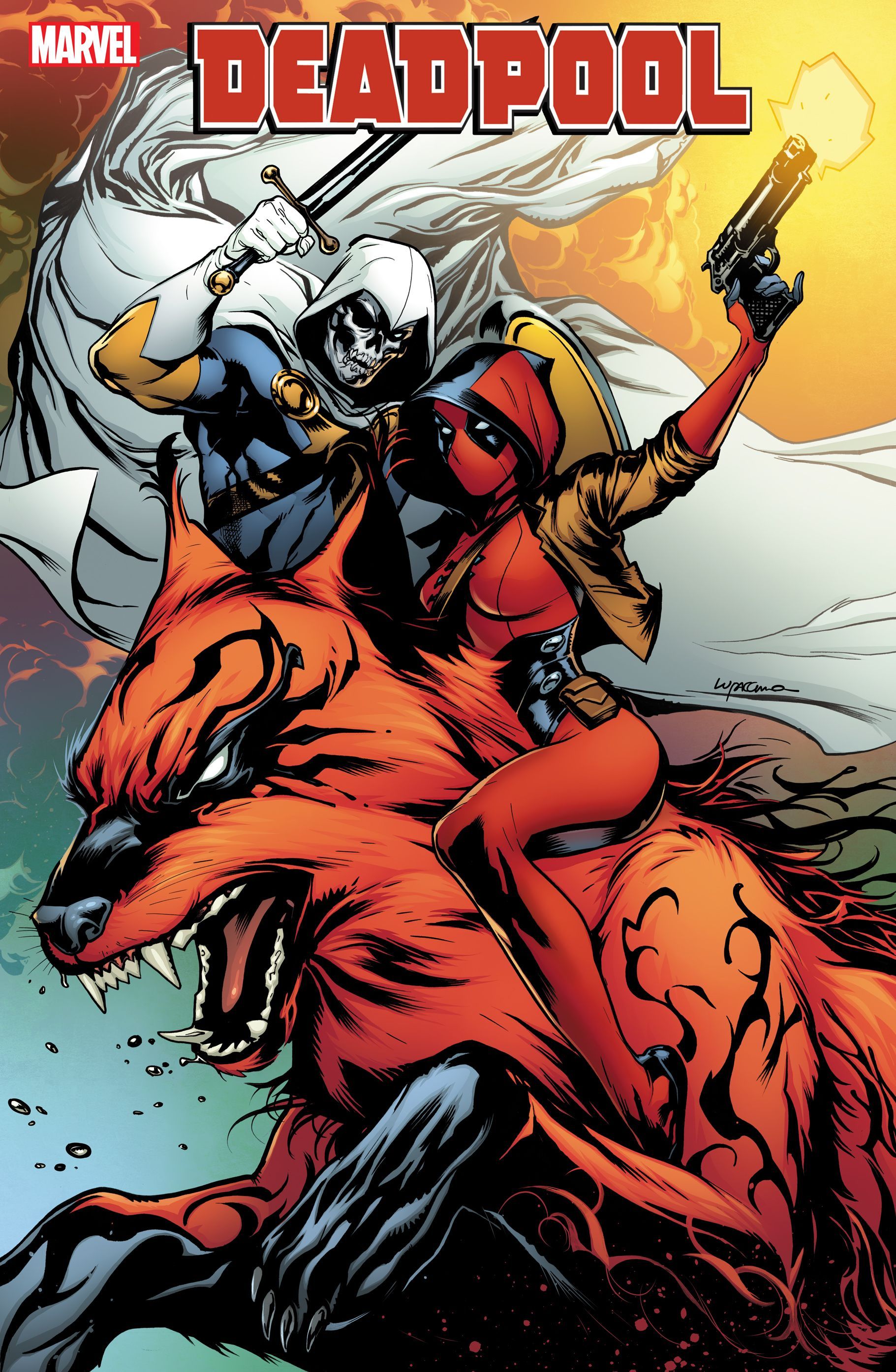 Deadpool Ellie rides her half-sister symbiote-wolf, Princess, with Taskmaster in the background. It's as awesome as you picture.