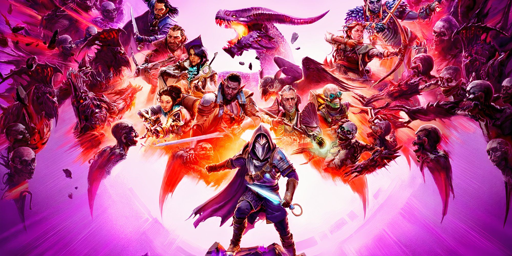 Dragon Age The Veilguard key art showing all characters in battle poses on a purple background.