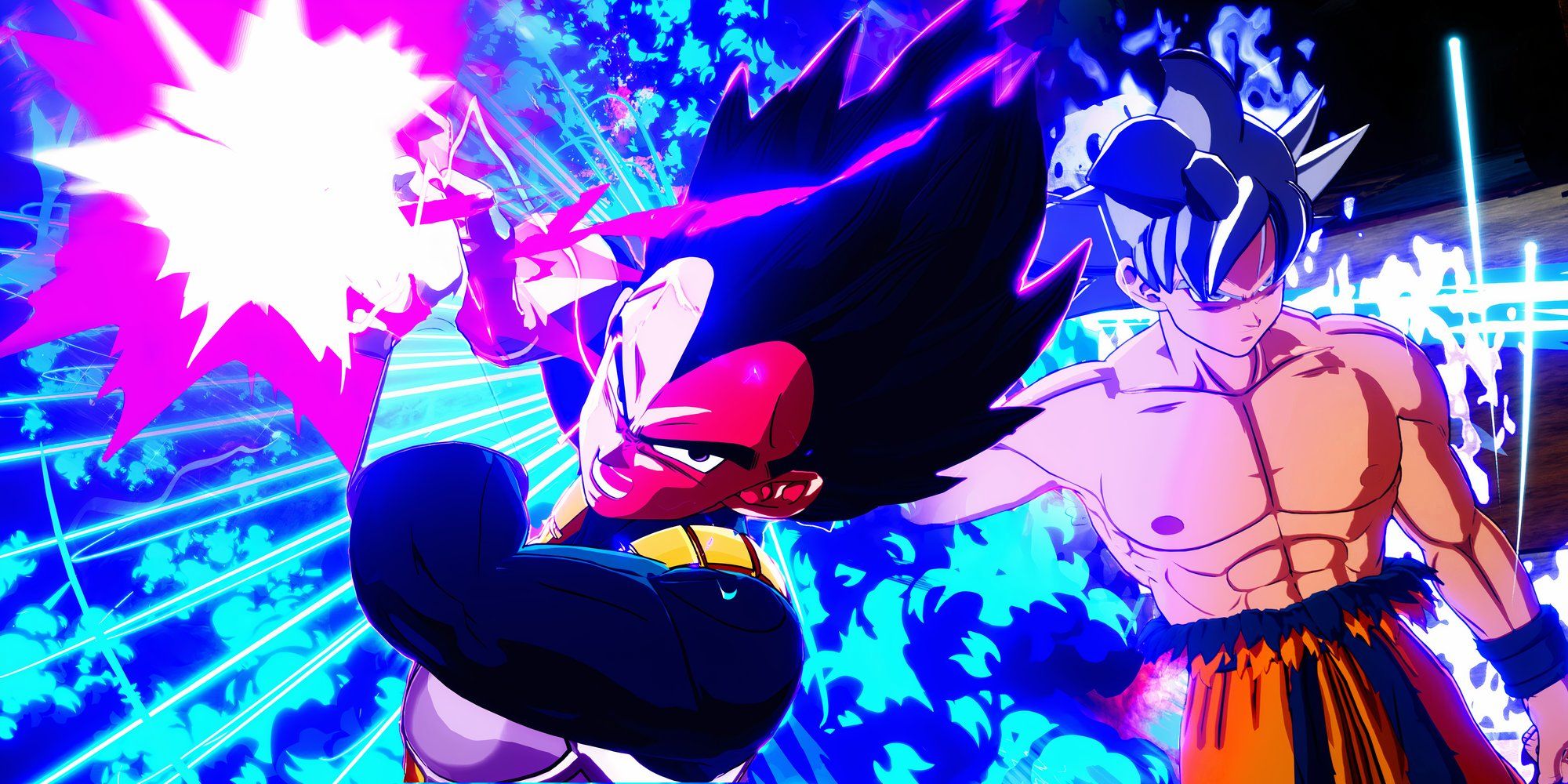 ¡Dragon Ball Chispa! La imagen destacada de ZERO muestra la forma base de Vegeta cargando una pistola galica de color púrpura brillante mientras Ultra Instinct Goku está en el fondo.