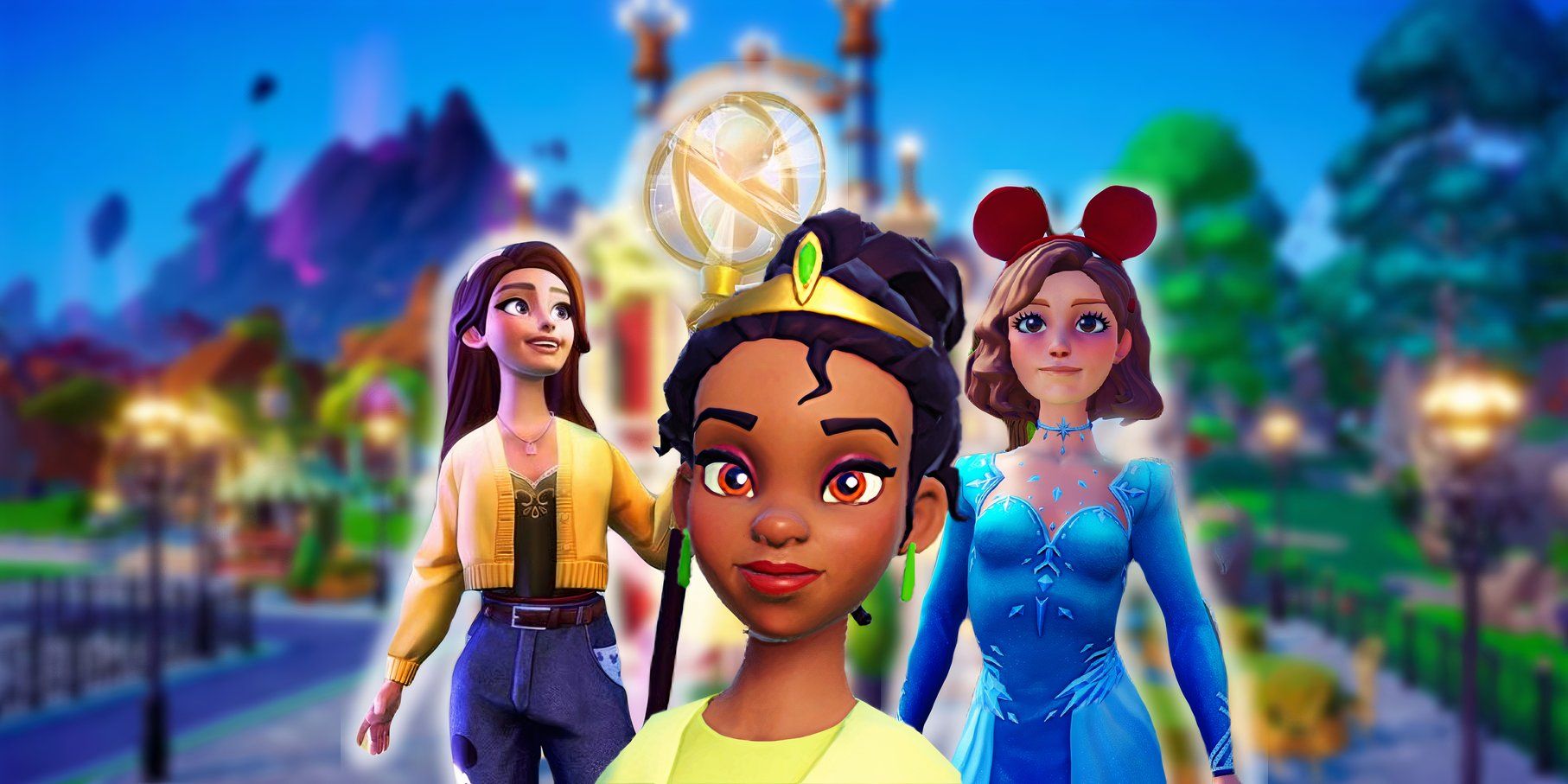 Disney Dreamlight Valley's Tiana in front of two player characters, with a blurred background of the game.