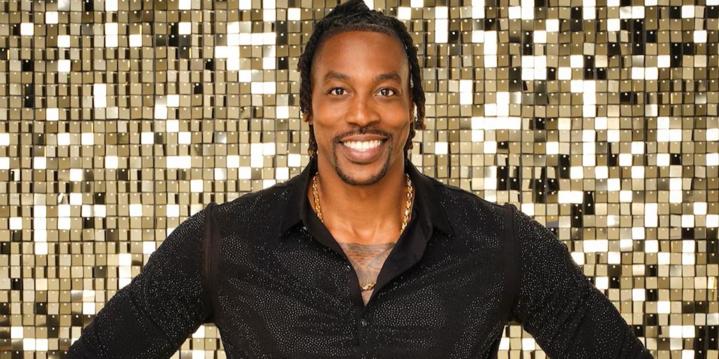 Dwight Howard for Dancing with the Stars wearing a black sparkly top