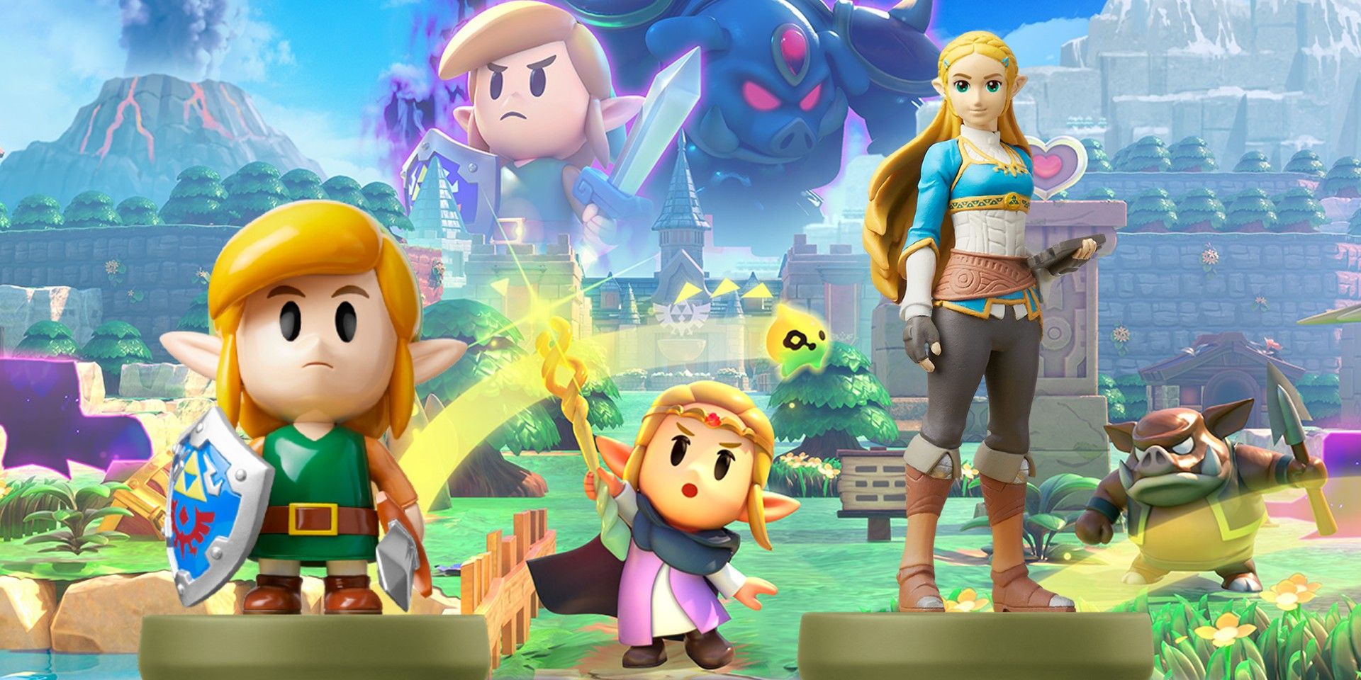 Arte clave para The Legend of Zelda: Wisdom Figure con Link amiibo para Links Awakening y Princess Zelda amiibo para Breath of the Wild.