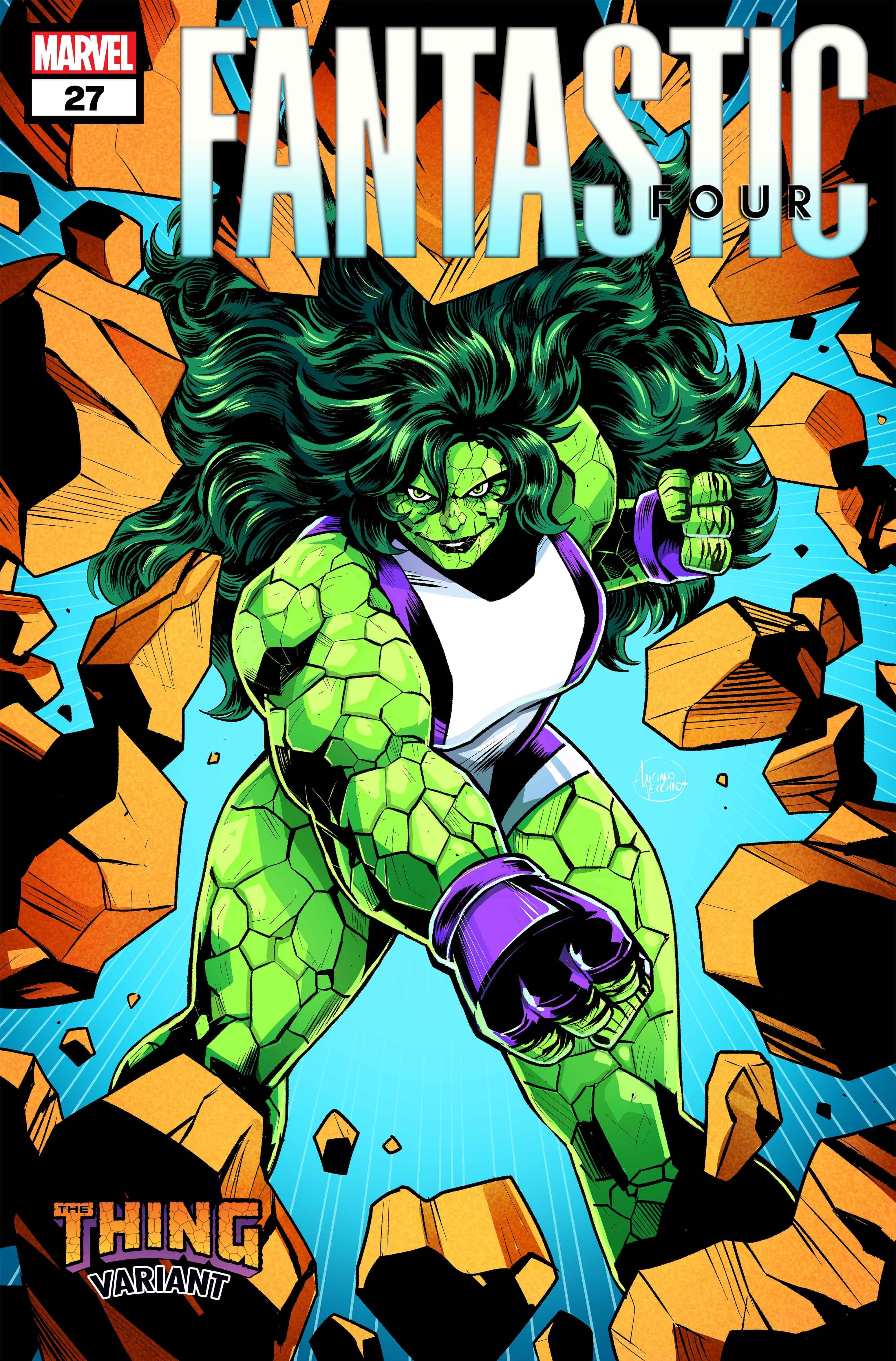 Fantastic Four #27 The Thing Variant de Luciano Vecchio - L'hybride She-Hulk/Thing frappe le rocher