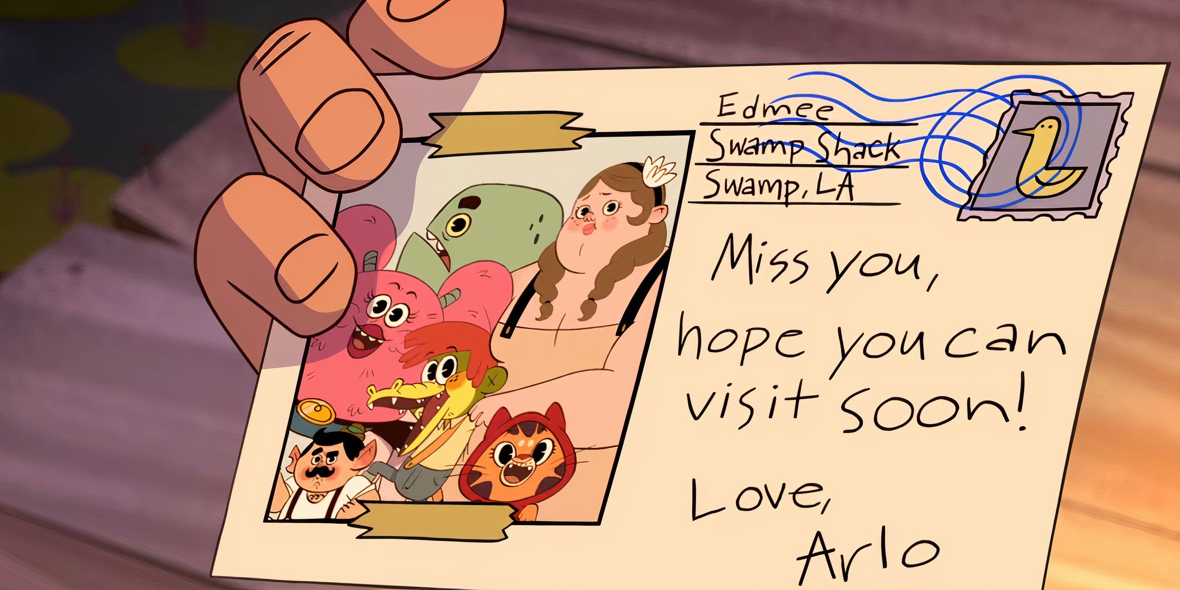 Edmee receiving a postcard from Arlo in Arlo the Alligator Boy