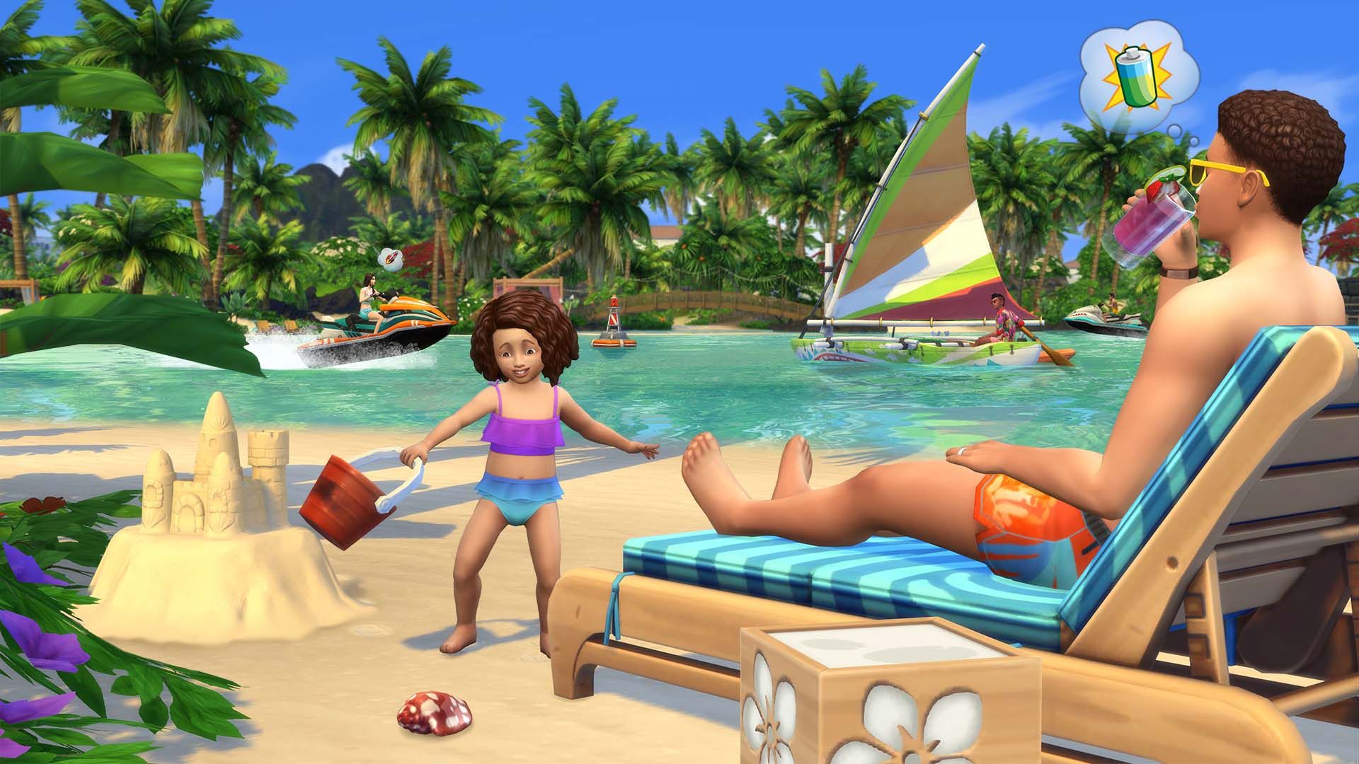 Los Sims 4 Island Living muestra a una chica en la playa mientras otro sim toma el sol en un banco.