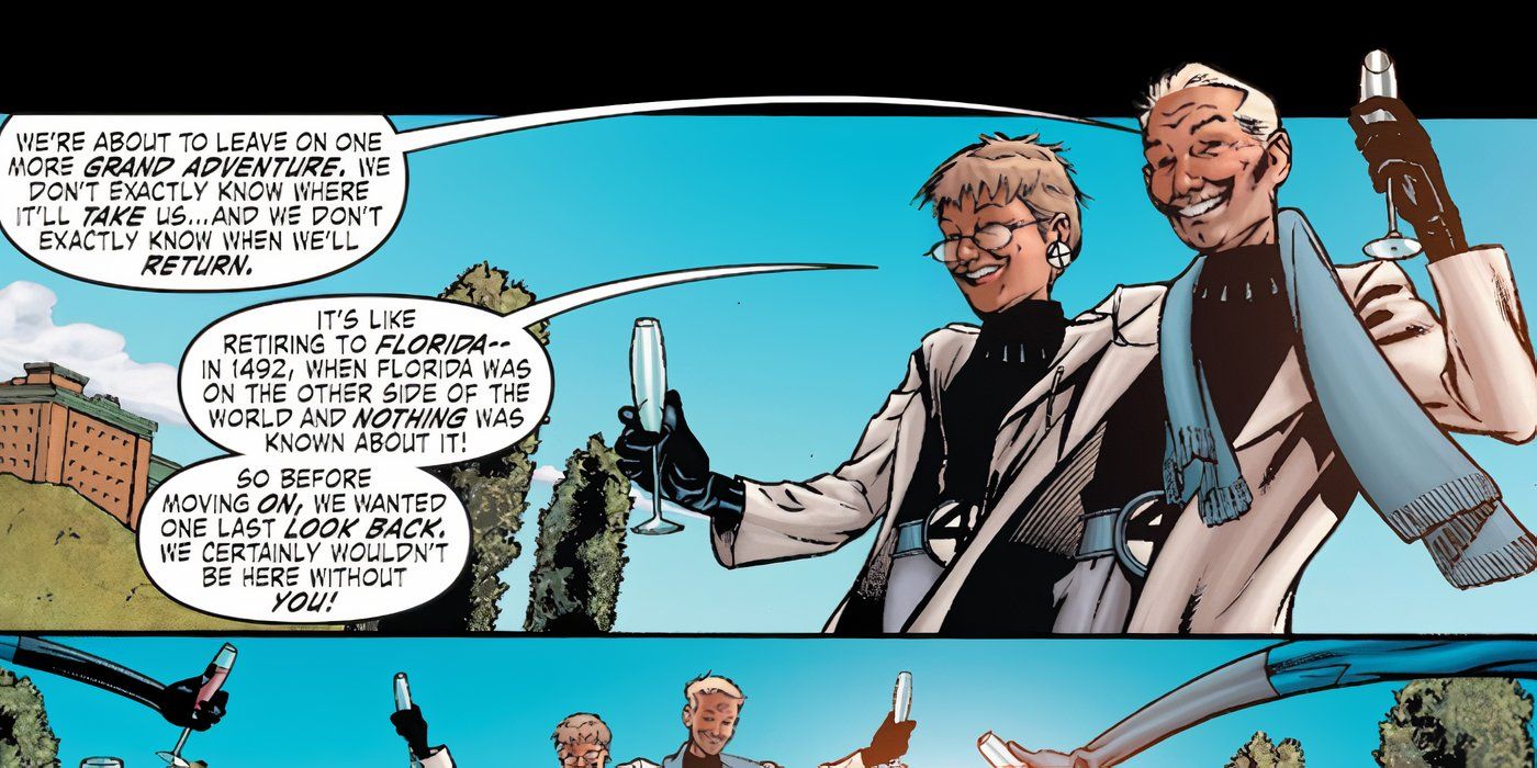 Os idosos Reed Richards e Sue Storm comemorando falando sobre sua grande aventura final