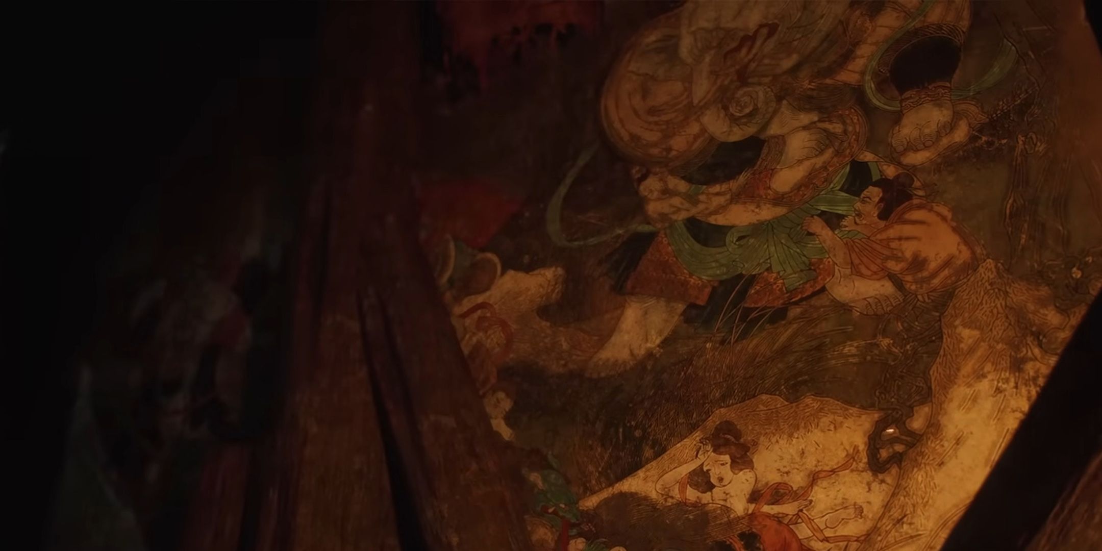 El demonio elefante de dientes amarillos que se muestra en un mural del tráiler original de Black Myth: Wukong.