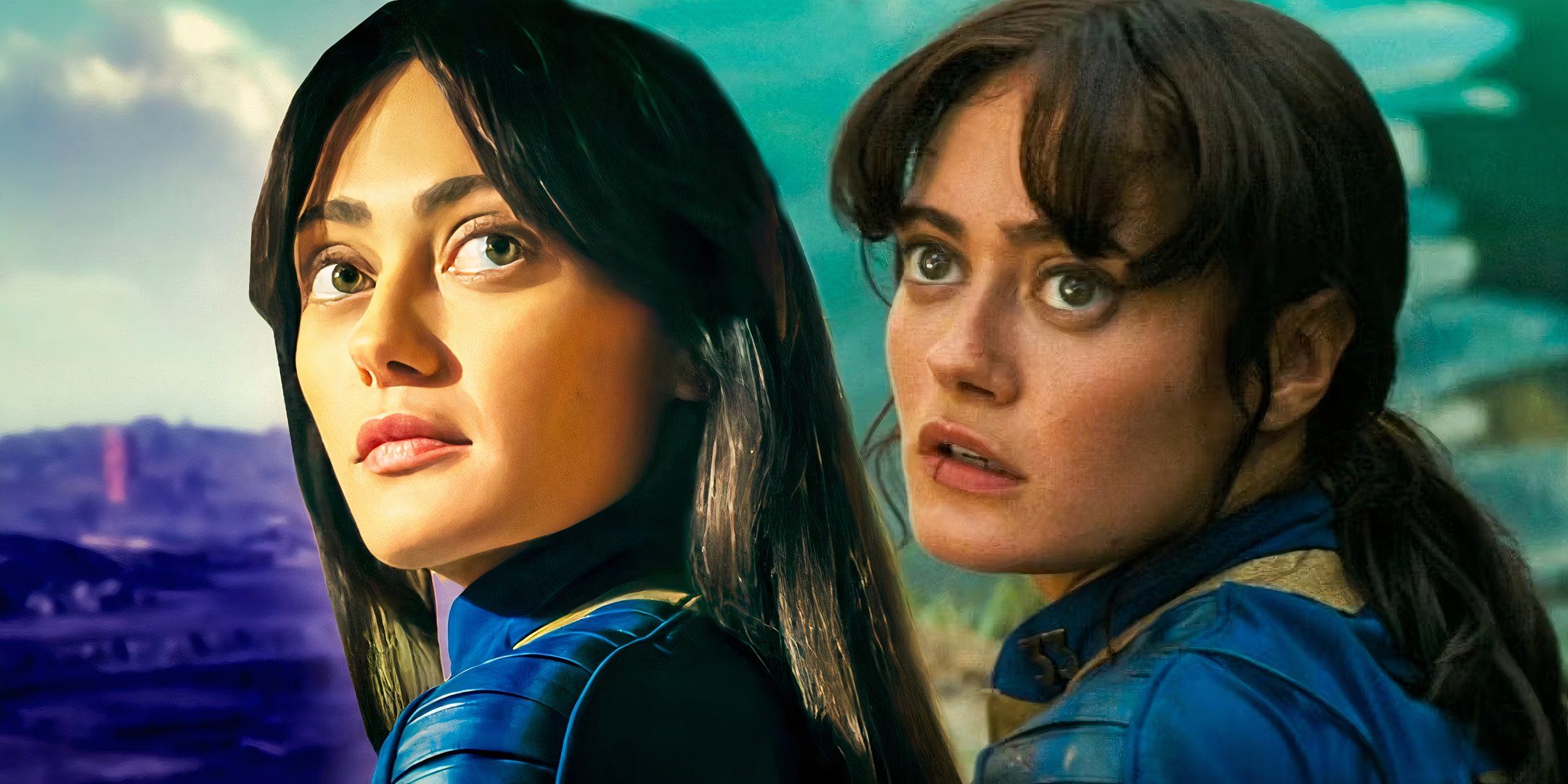 Ella Purnell as Lucy MacLean looking confident next to Ella Purnell as Lucy looking up in Fallout