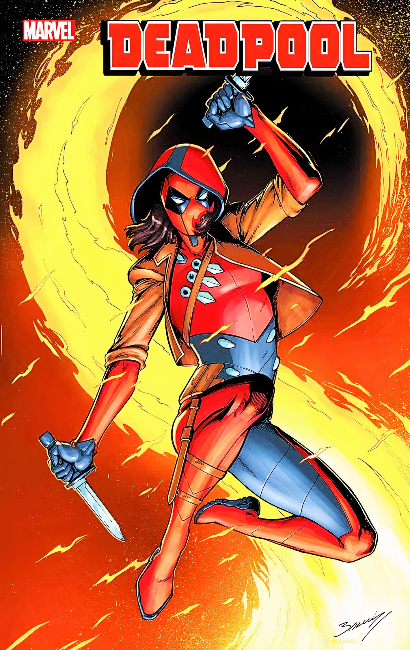 Ellie as Deadpool on the cover of Deadpool #7, wielding knives dueling against a fiery backdrop.