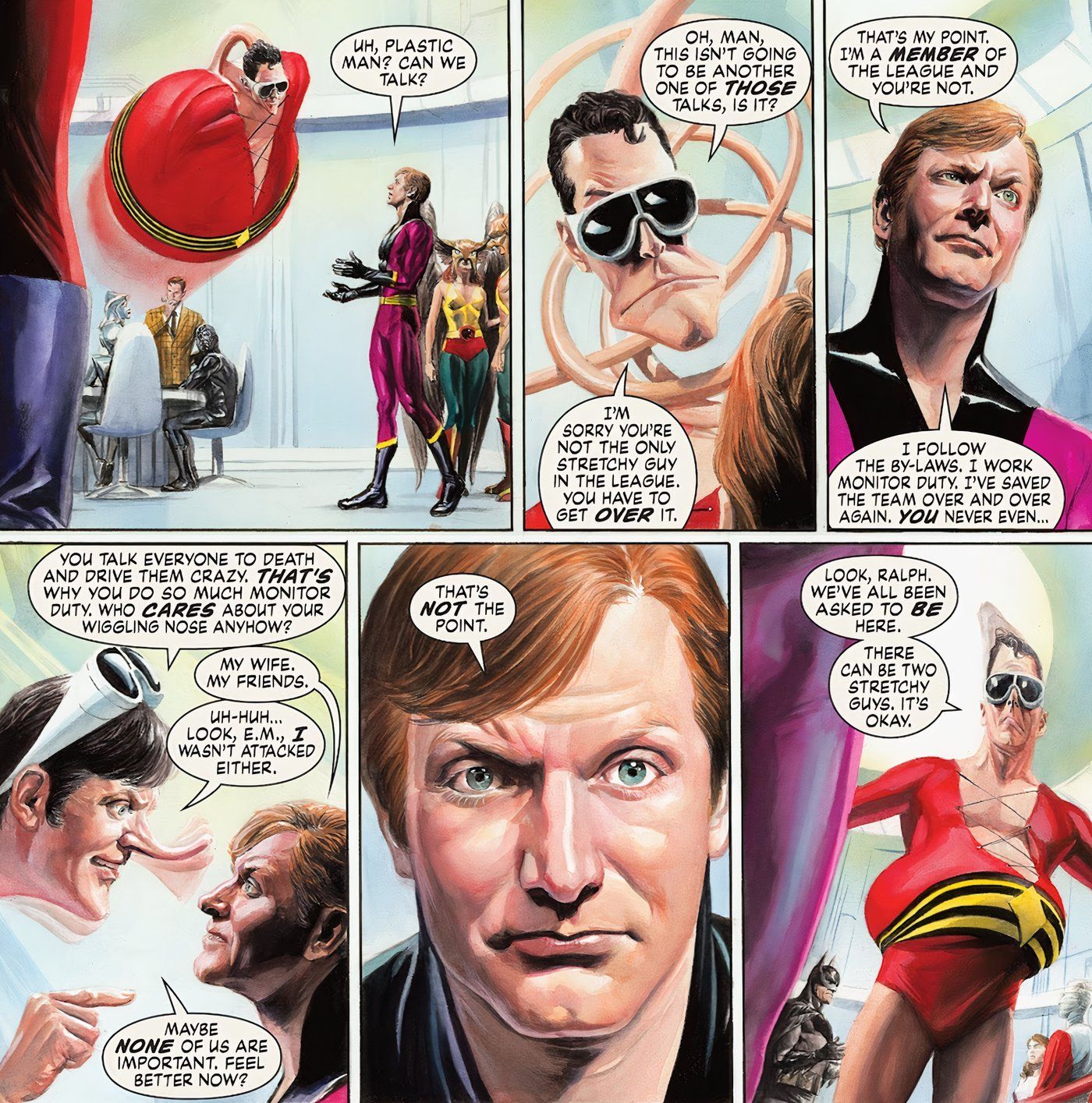 Elongated Man confronta a Plastic Man acerca de cómo la Liga de la Justicia no necesita dos Elongated Guys ya que sus poderes son similares, y Plastic Man responde con insultos.