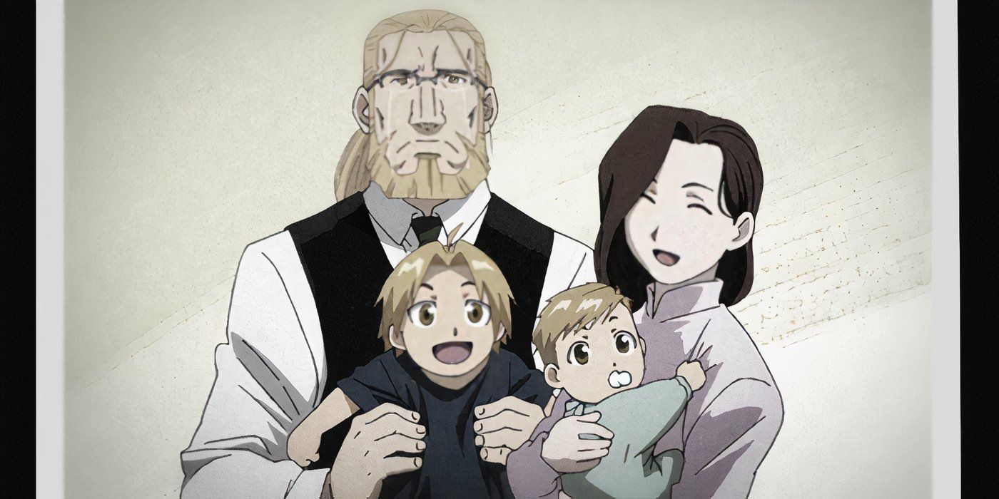 Trisha holds baby Alphone while Hohenheim holds a smiling Edward. Van Hohenheim has tears stilling down his face as he stands with his family