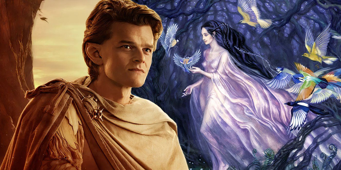 Robert Aramayo as Elrond in The Rings of Power season 1 (2021) next to artwork of the Maiar Melian from Lord of the Rings