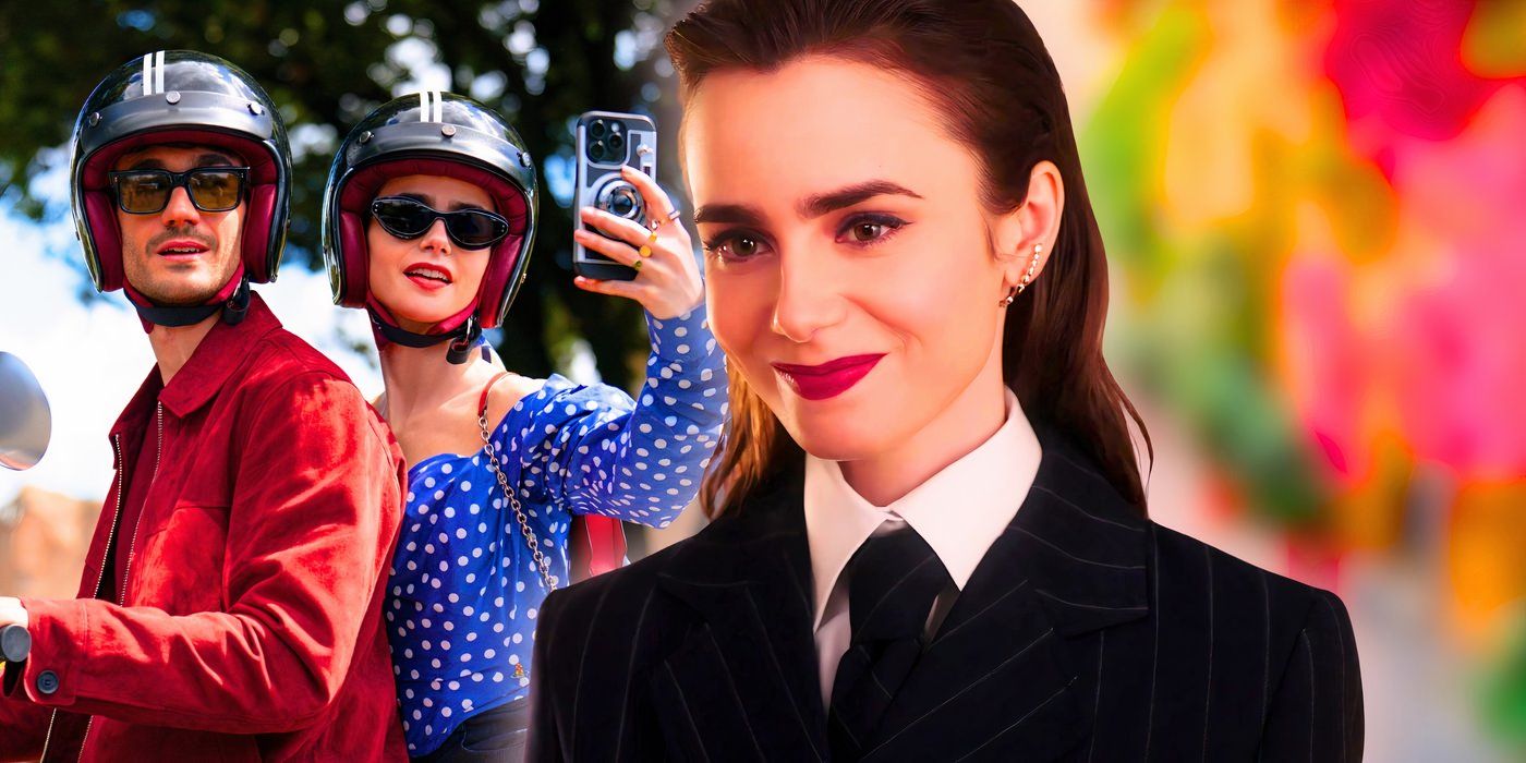 Emily (Lily Collins) smiling collaged with Emily and Marcello sightseeing on a vespa in Emily in Paris season 4, part 2