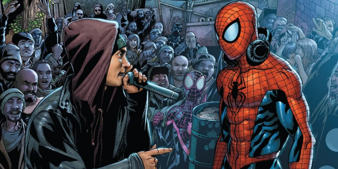 Eminem in a rap battle against Spider-man in The Amazing Spider-man Cover art