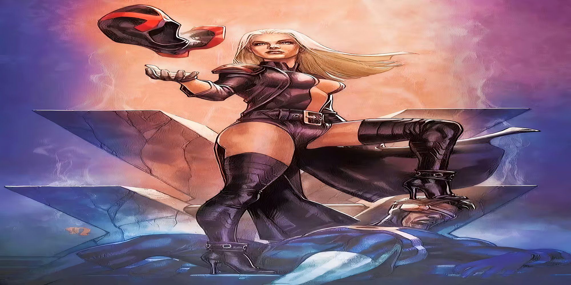 Emma Frost, in a black version of her costume, standing over a fallen Cyclops-1