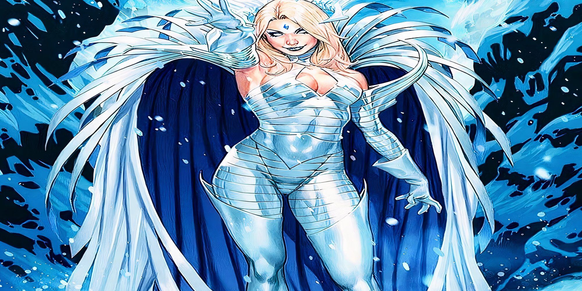 Emma Frost in one of her more extravagant costumes, with snow falling all around her (2)