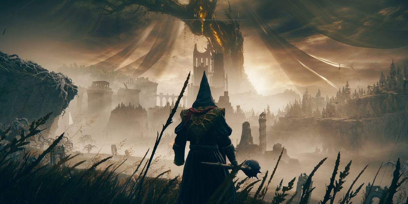 Ring of Elden: The shadow of an Erdtree player with a hood and a mace looks out over the world