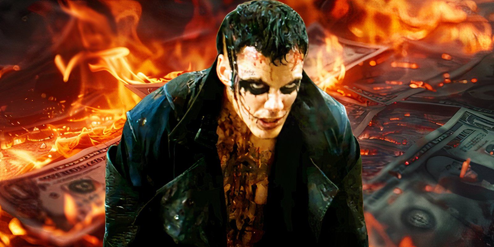 Eric looking angry in The Crow with cash burning in the background