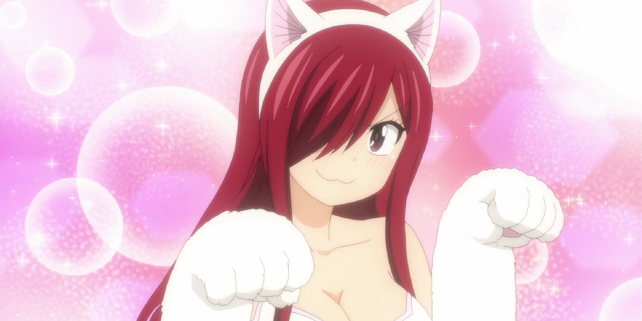 erza ​​sorrindo vestida com uma fantasia de gato em fairy tail 100 years quest