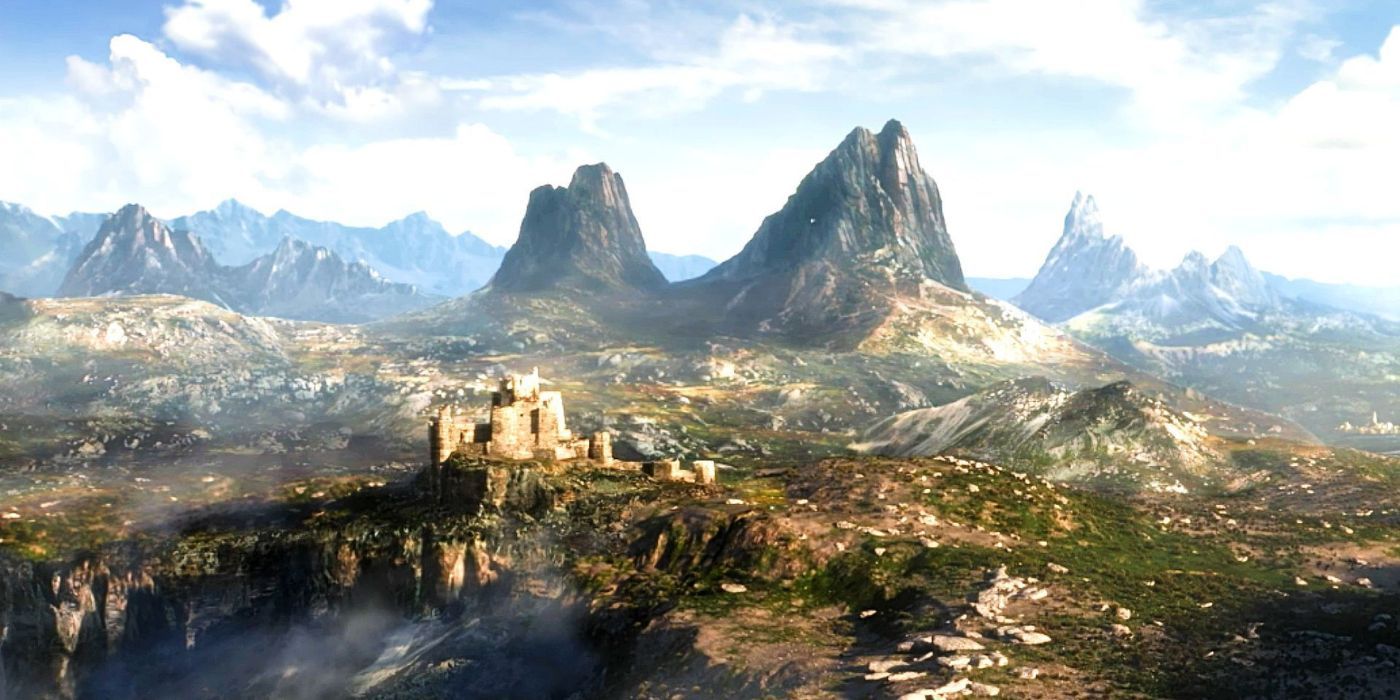 A fantasy landscape with a crumbling castle seen in the teaser trailer for The Elder Scrolls 6.