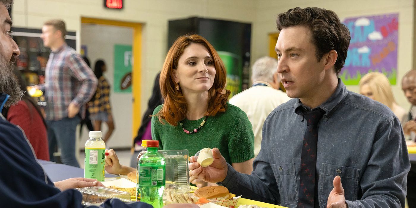 Evan explains something while Gwen and Markie listen at the lunch table in English Teacher