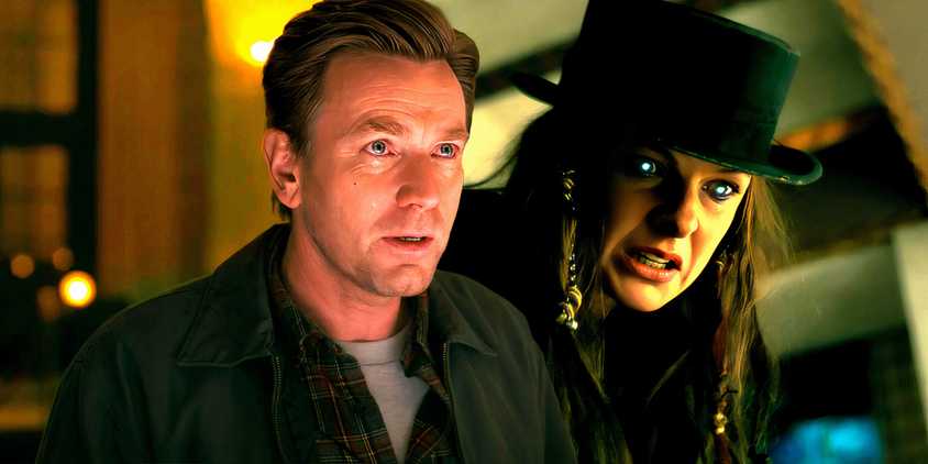 Ewan McGregor as Danny looking sad and Rebecca Ferguson as Rose looking angry with glowing eyes in Doctor Sleep