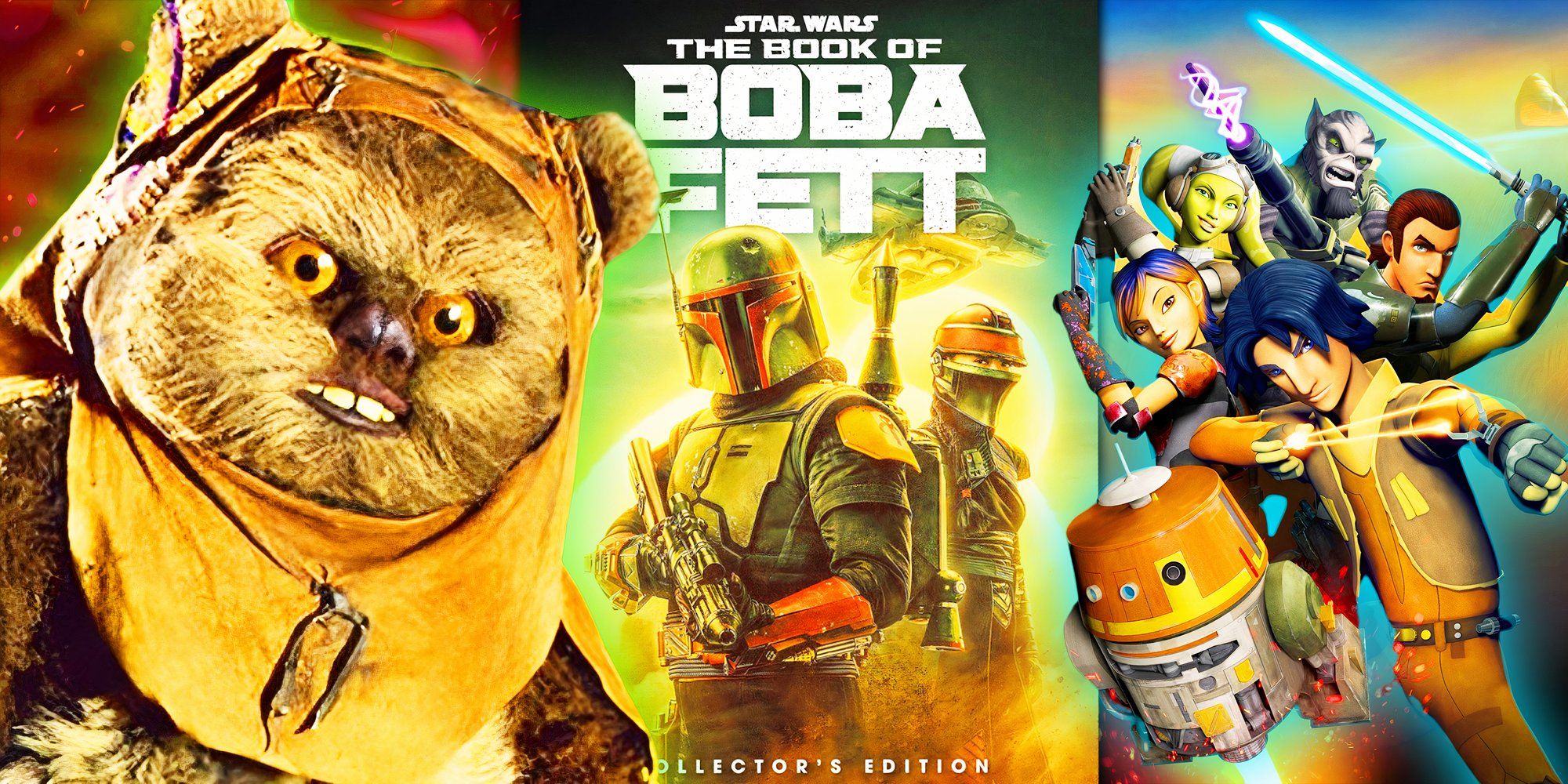 Ewos In Return of the Jedi, a poster of The Book Of Boba Fett, and the characters of Star Wars Rebels