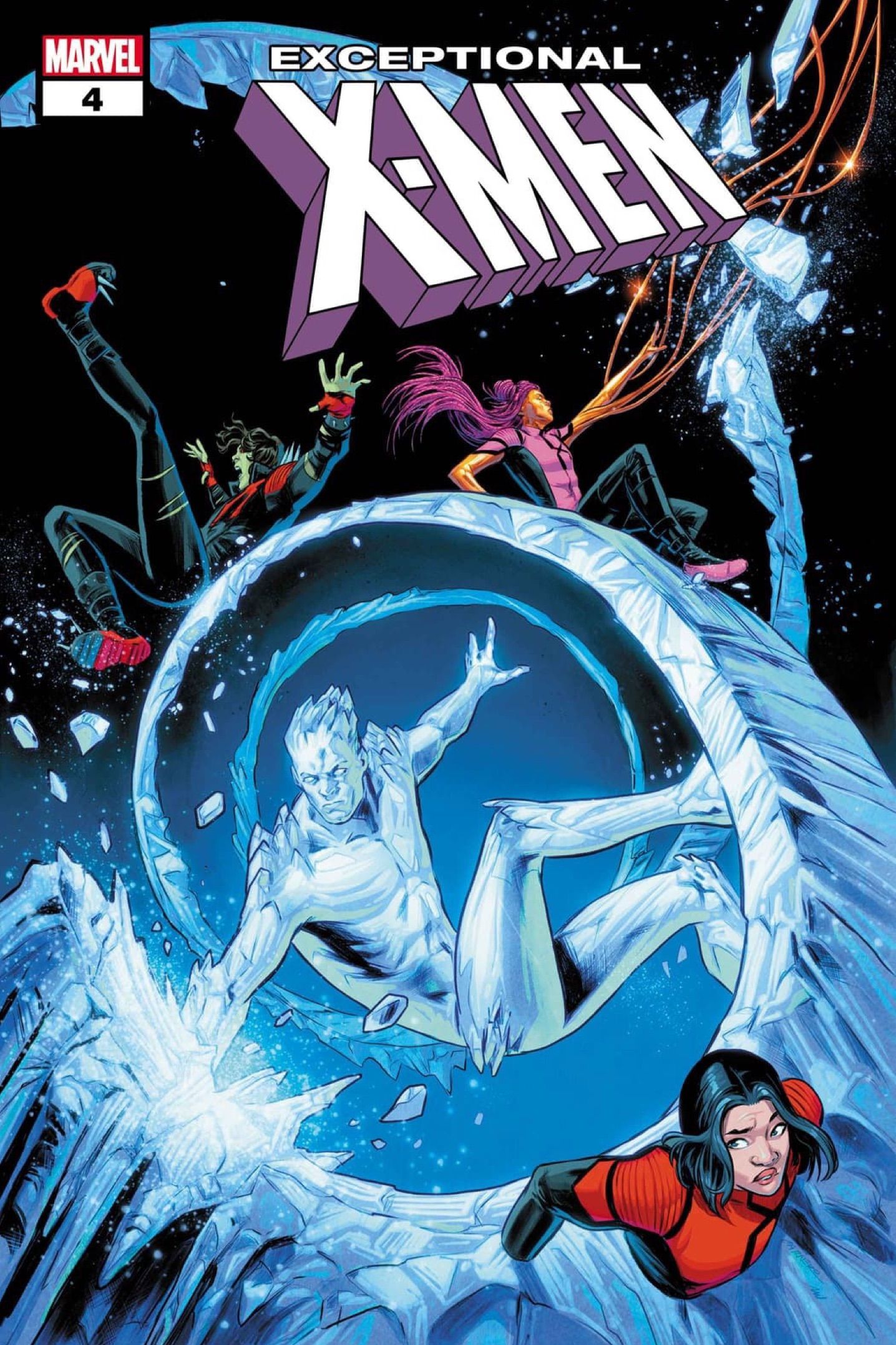 Capa Exceptional X-Men #4 de Carmen Carnero com Iceman usando poderes ao lado dos novos mutantes Bronze, Axo e Melee